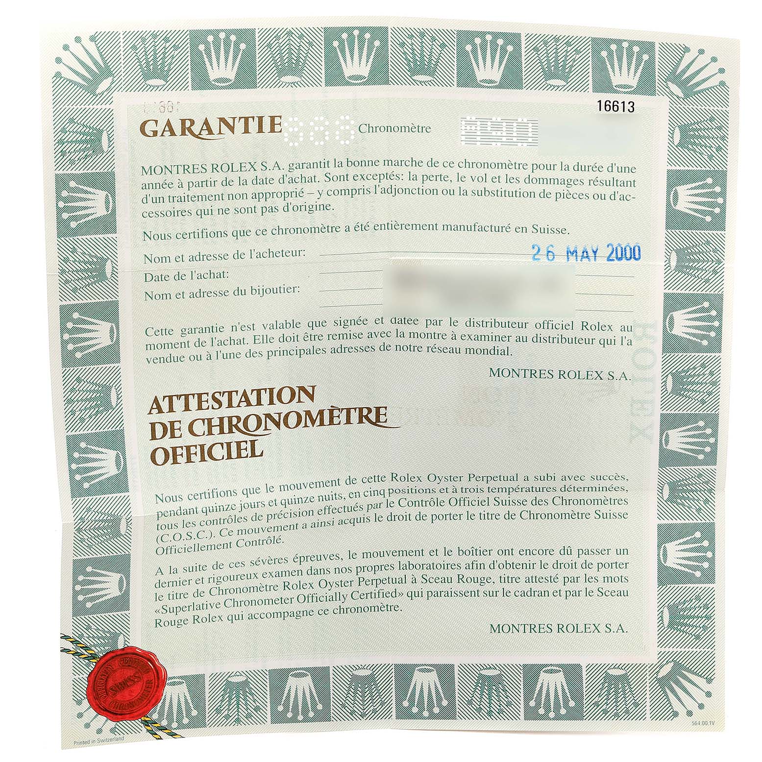 The image shows a warranty and official chronometer certification for a Rolex Submariner 16613 Men's Steel and Gold (two tone) Blue Dial 16613 Men's Steel and Gold (two tone) Blue Dial, dated May 26, 2000.