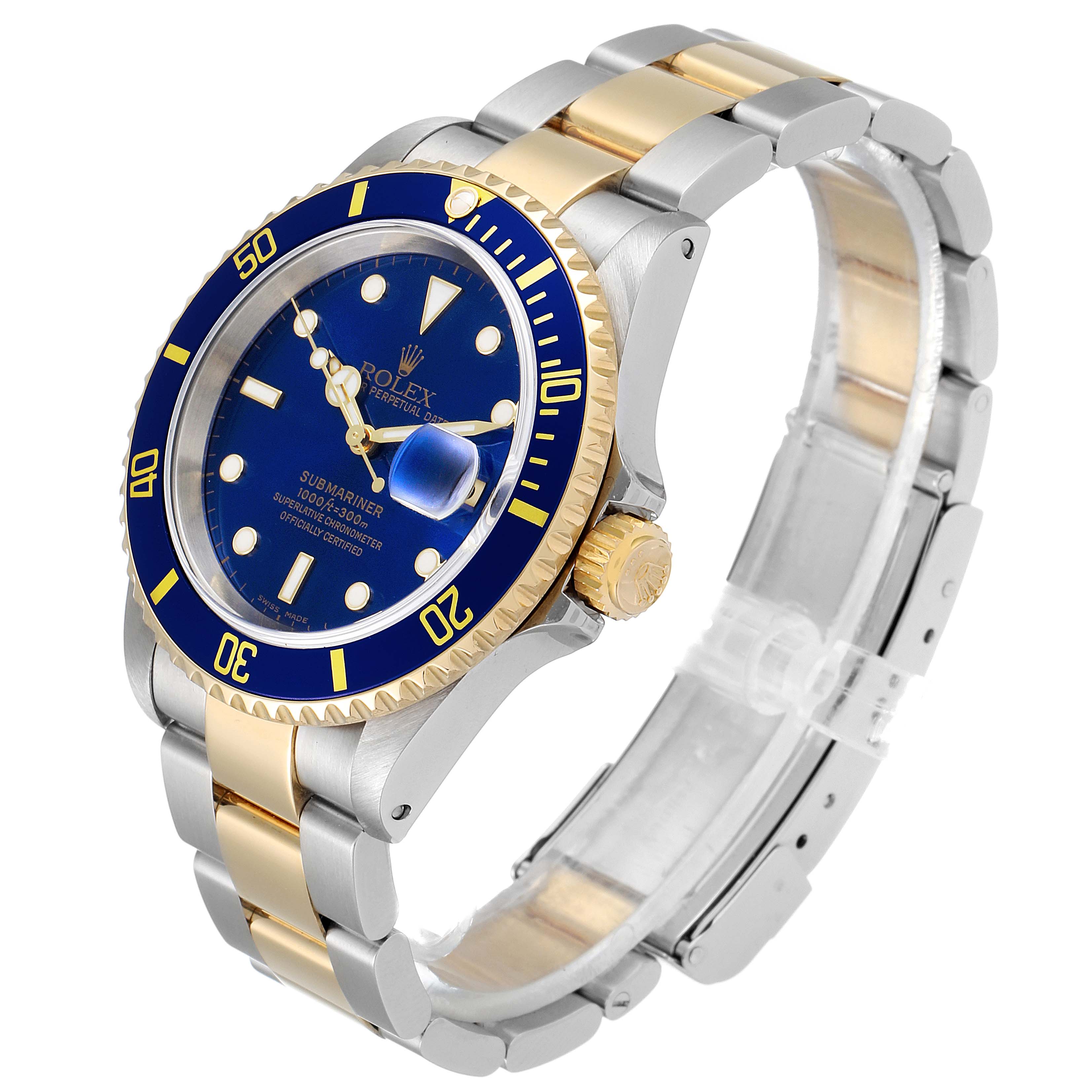 The image shows a Rolex Submariner 16613 Men's Steel and Gold (two tone) Blue Dial 16613 Men's Steel and Gold (two tone) Blue Dial watch at an angle highlighting its blue bezel, dial, gold accents, and bracelet.