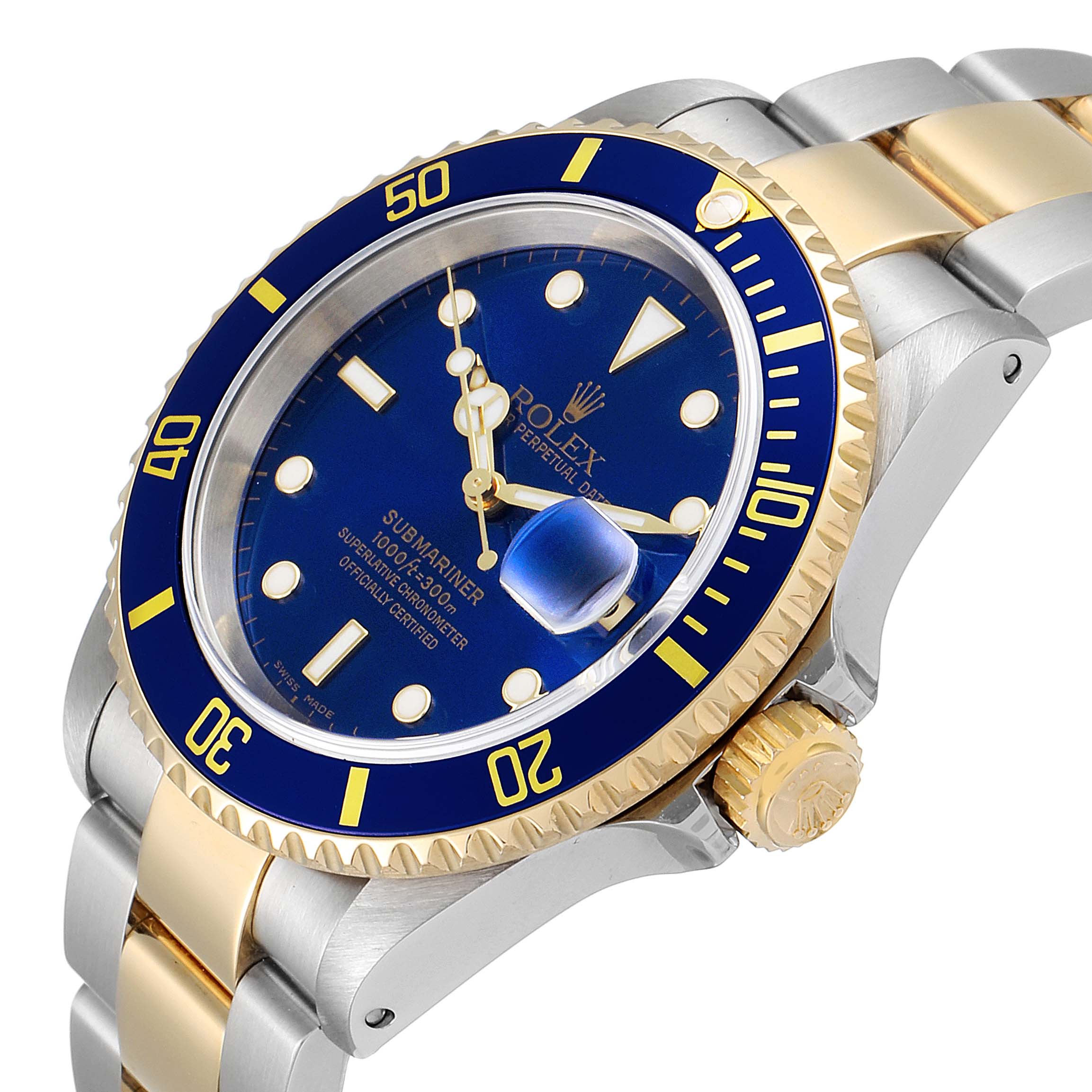 The angle shows the Rolex Submariner 16613 Men's Steel and Gold (two tone) Blue Dial 16613 Men's Steel and Gold (two tone) Blue Dial watch at a slight side view, highlighting the blue dial, bezel, crown, and part of the two-tone bracelet.