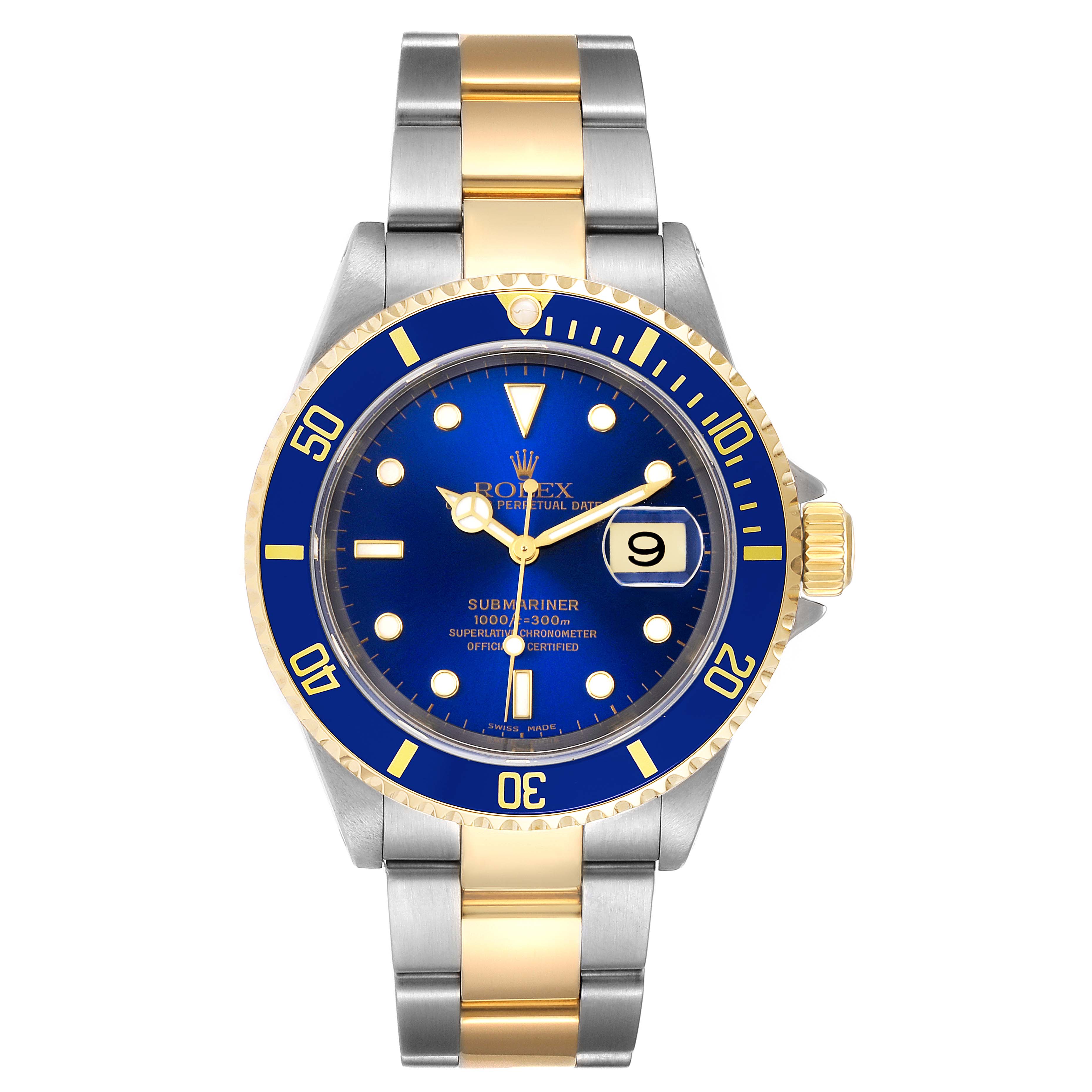 The Rolex Submariner 16613 Men's Steel and Gold (two tone) Blue Dial 16613 Men's Steel and Gold (two tone) Blue Dial watch is shown from the front, displaying its blue dial, bezel, and two-tone bracelet.