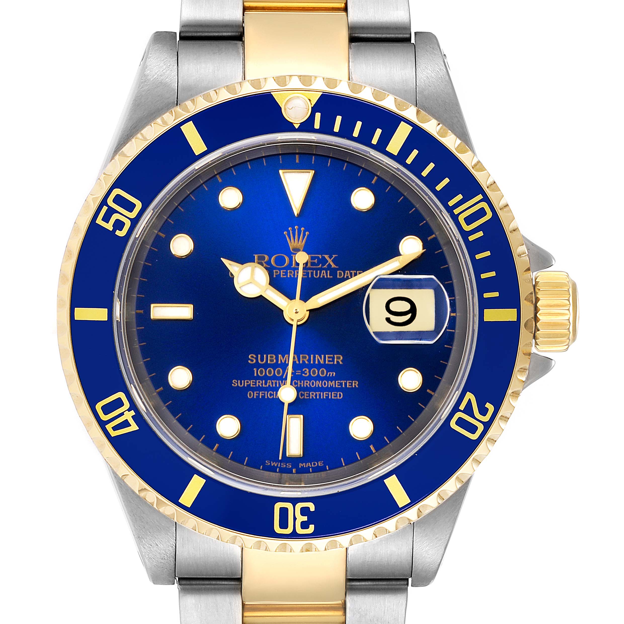 The image shows a front view of a Rolex Submariner 16613 Men's Steel and Gold (two tone) Blue Dial 16613 Men's Steel and Gold (two tone) Blue Dial watch, highlighting the blue dial, bezel, date window, and two-tone bracelet.