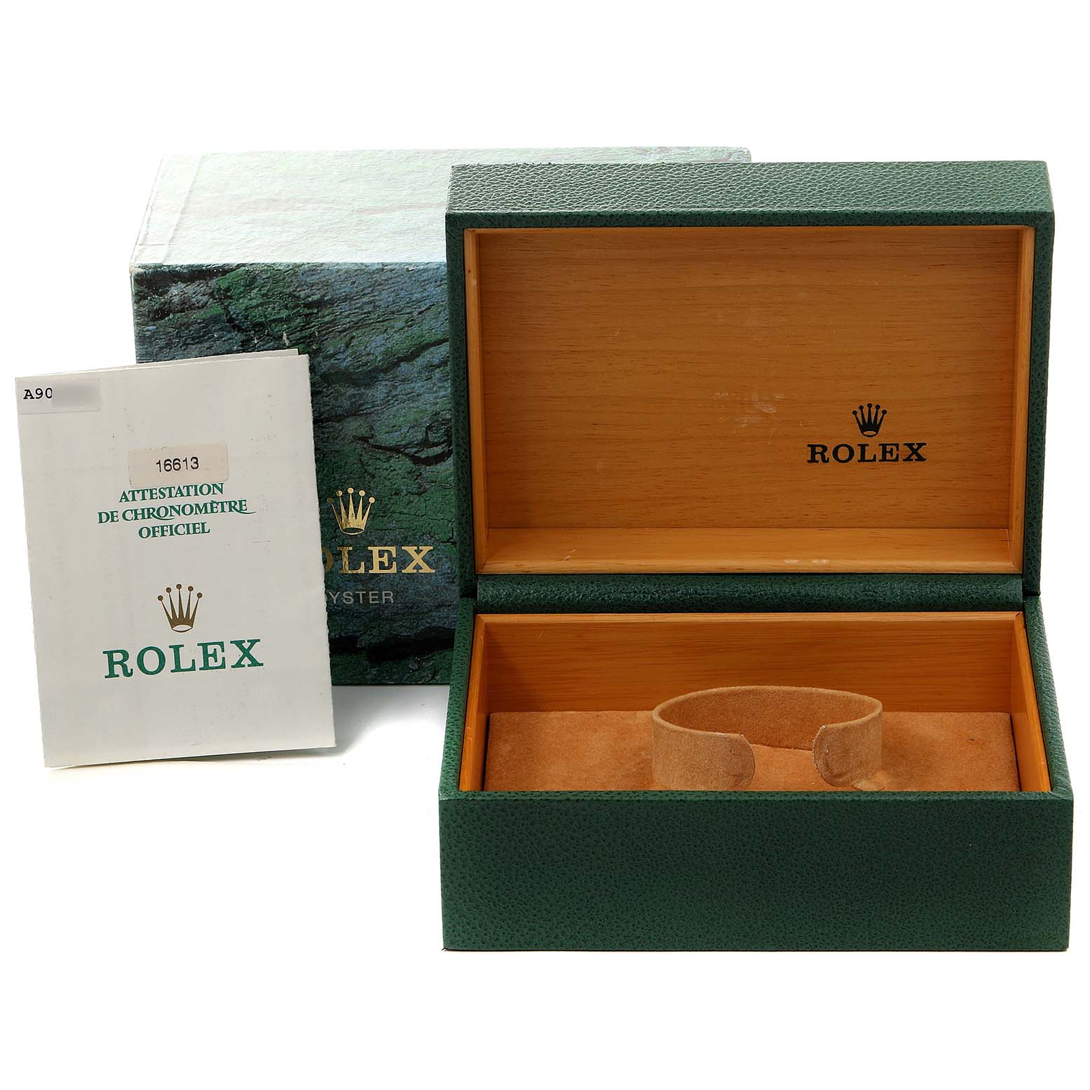 The image shows an open Rolex Submariner 16613 Men's Steel and Gold (two tone) Blue Dial 16613 Men's Steel and Gold (two tone) Blue Dial watch box and manual from a front angle.