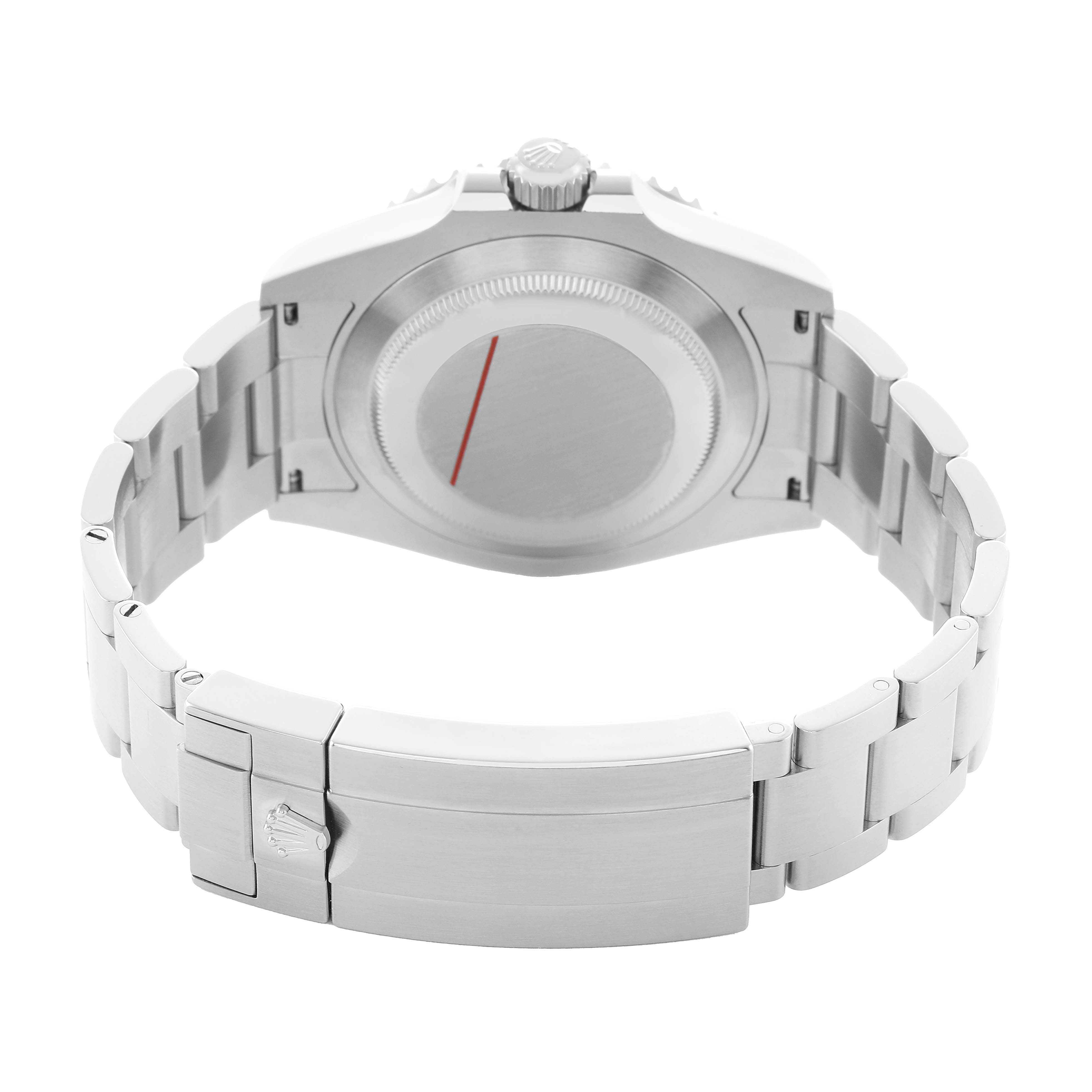 The image shows the backside of a Rolex Submariner 126610LV Men's Stainless Steel Black Dial, highlighting the case back, bracelet, and clasp.