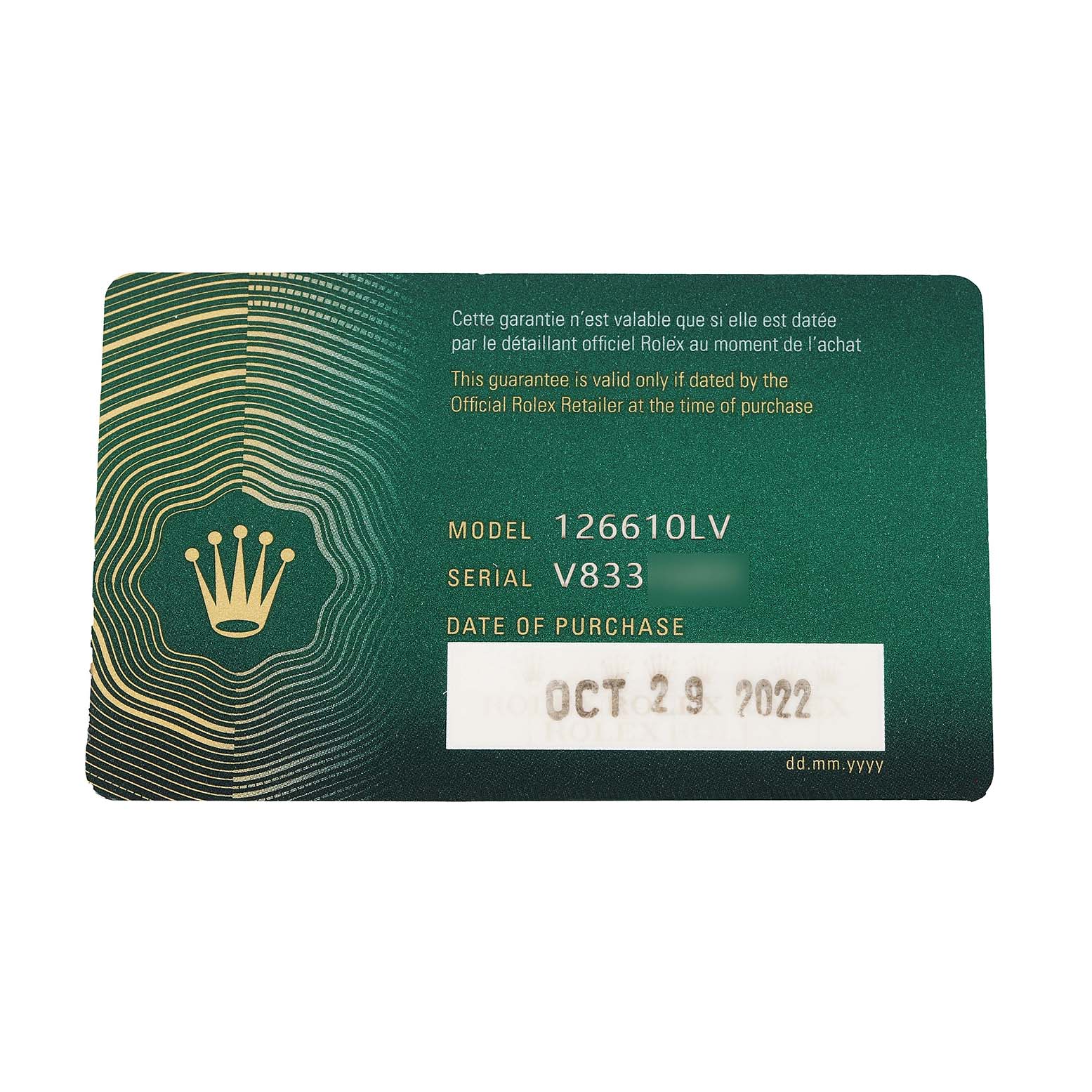 This image shows the guarantee card for a Rolex Submariner 126610LV Men's Stainless Steel Black Dial model 126610LV.