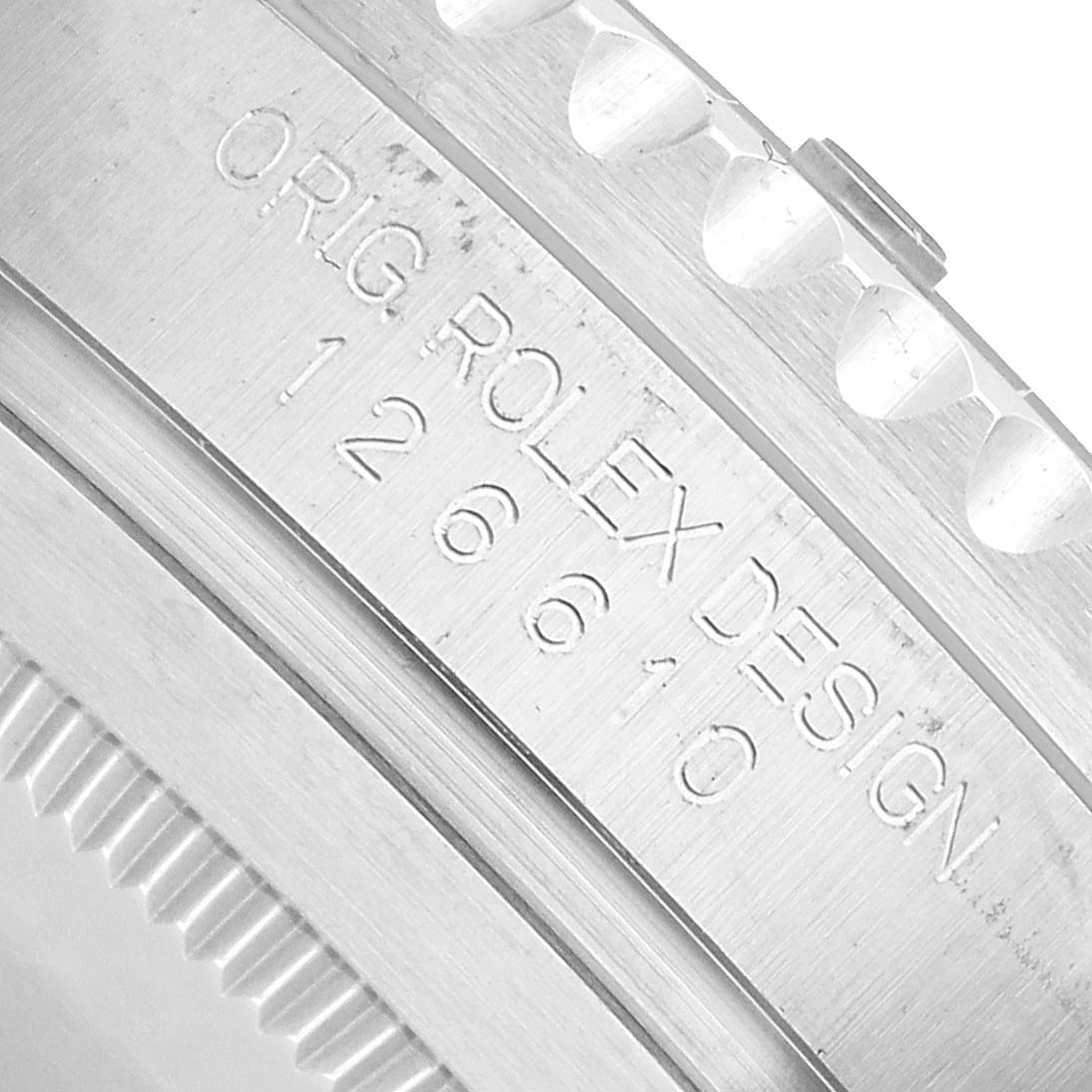 The image shows a close-up of the case side of a Rolex Submariner 126610LV Men's Stainless Steel Black Dial, highlighting the engraved model number.