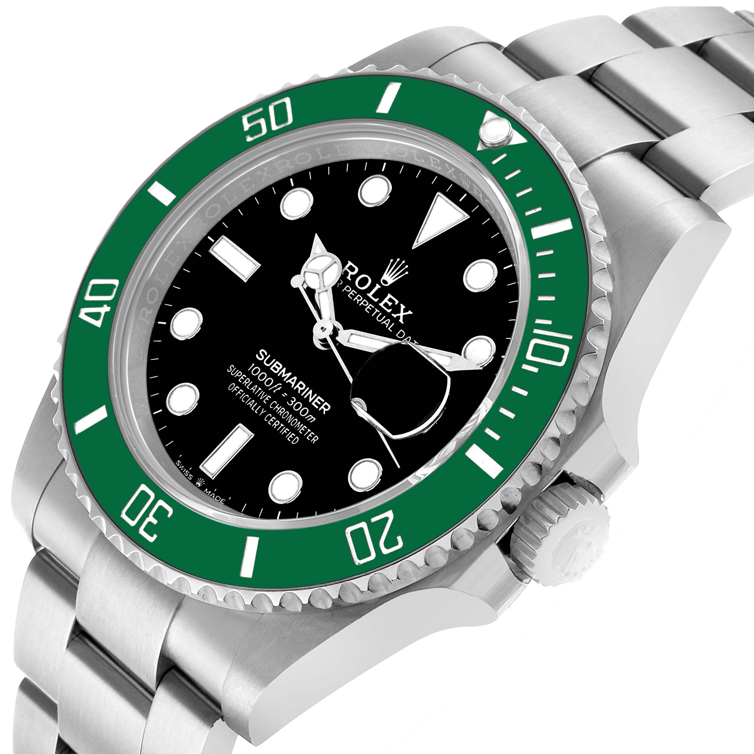 The Rolex Submariner 126610LV Men's Stainless Steel Black Dial watch is shown at a slightly angled top view, highlighting its green bezel and bracelet.