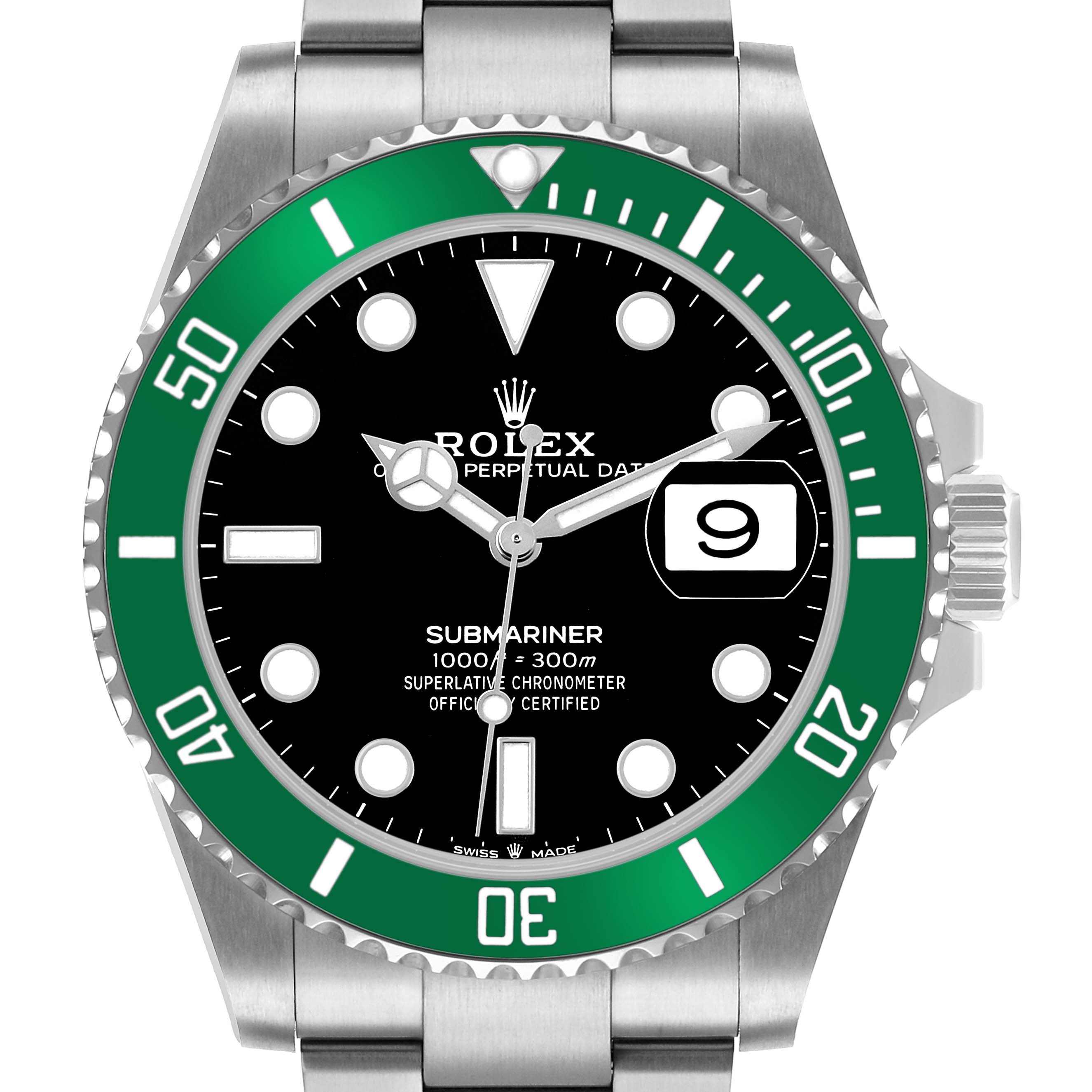 The Rolex Submariner 126610LV Men's Stainless Steel Black Dial is shown from the front, displaying the black dial, green bezel, and bracelet.