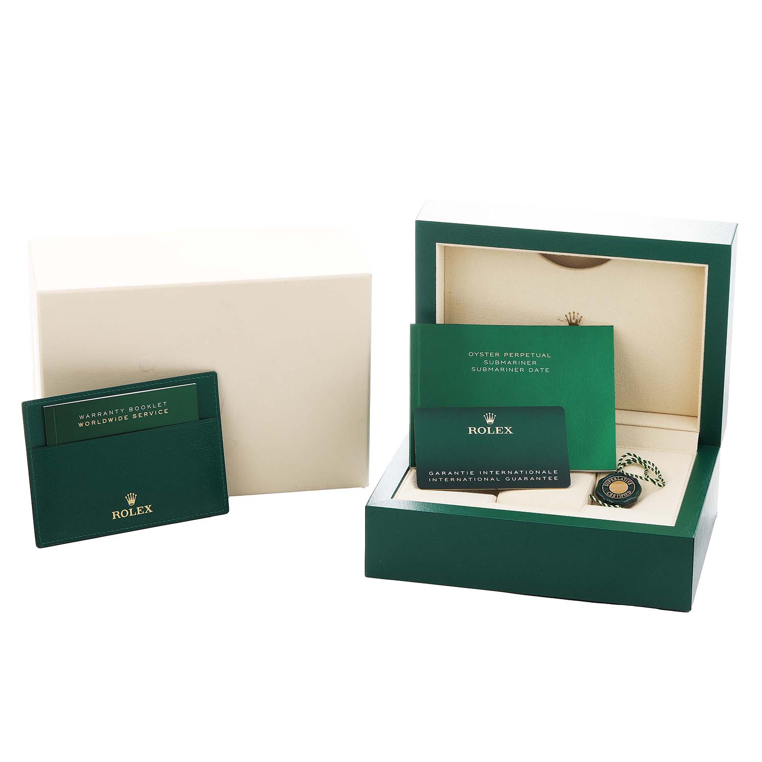 The image shows a Rolex Submariner 126610LV Men's Stainless Steel Black Dial watch box, guarantee card, booklets, and tags, viewed from the top.