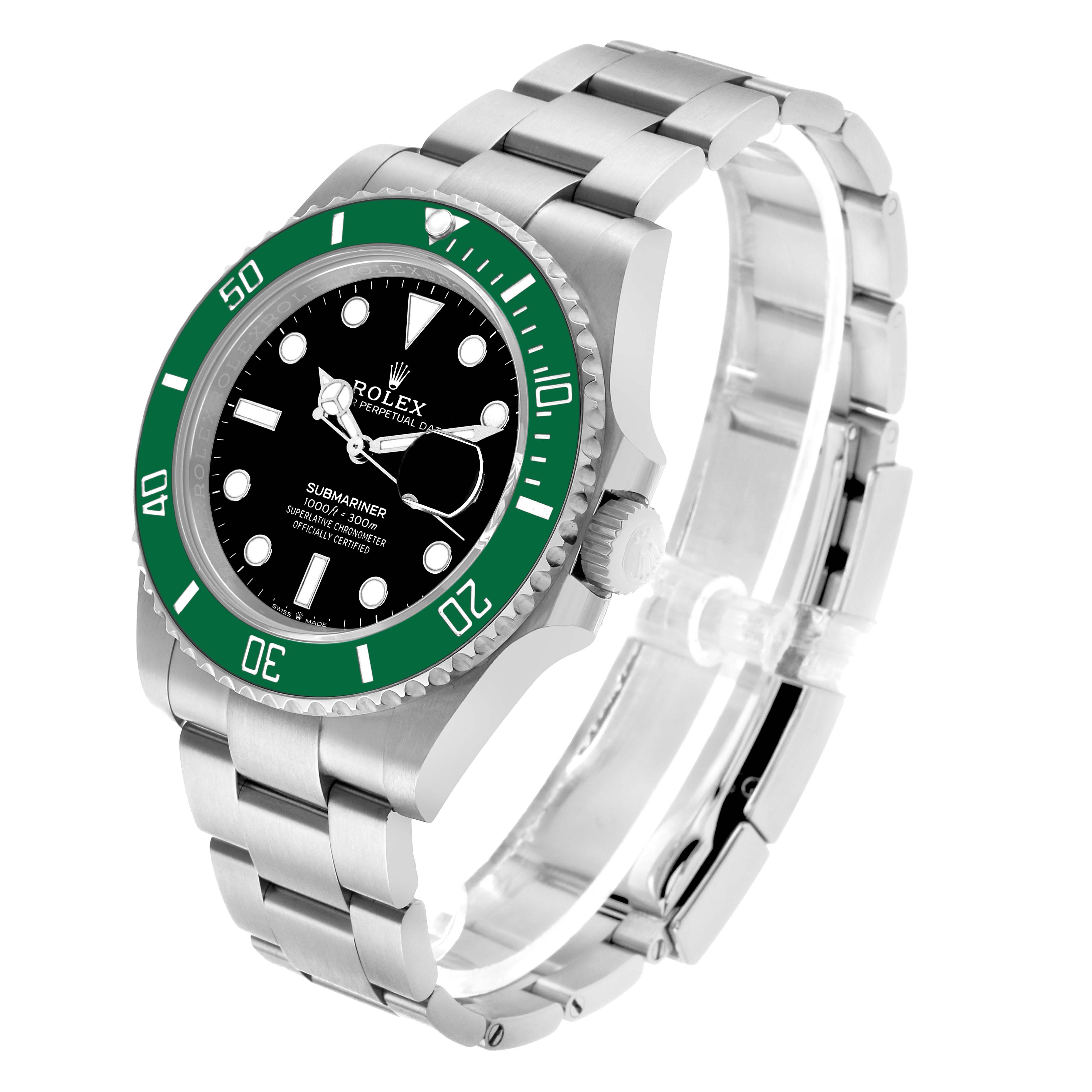 The image displays a Rolex Submariner 126610LV Men's Stainless Steel Black Dial watch angled slightly from the top, showing the bezel, dial, crown, and bracelet.