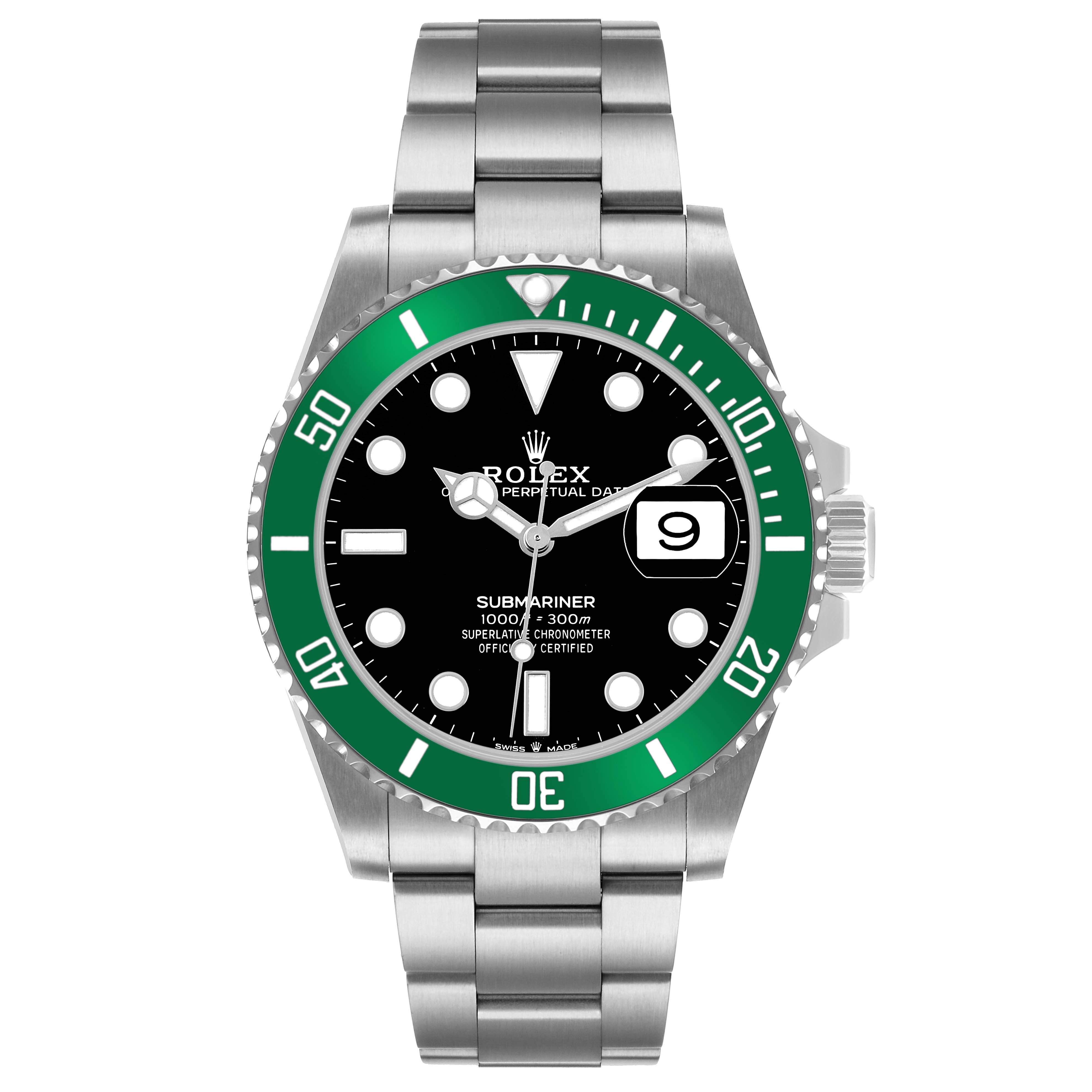 The Rolex Submariner 126610LV Men's Stainless Steel Black Dial watch is shown from a front angle, displaying the green bezel, black dial, date function, and bracelet.