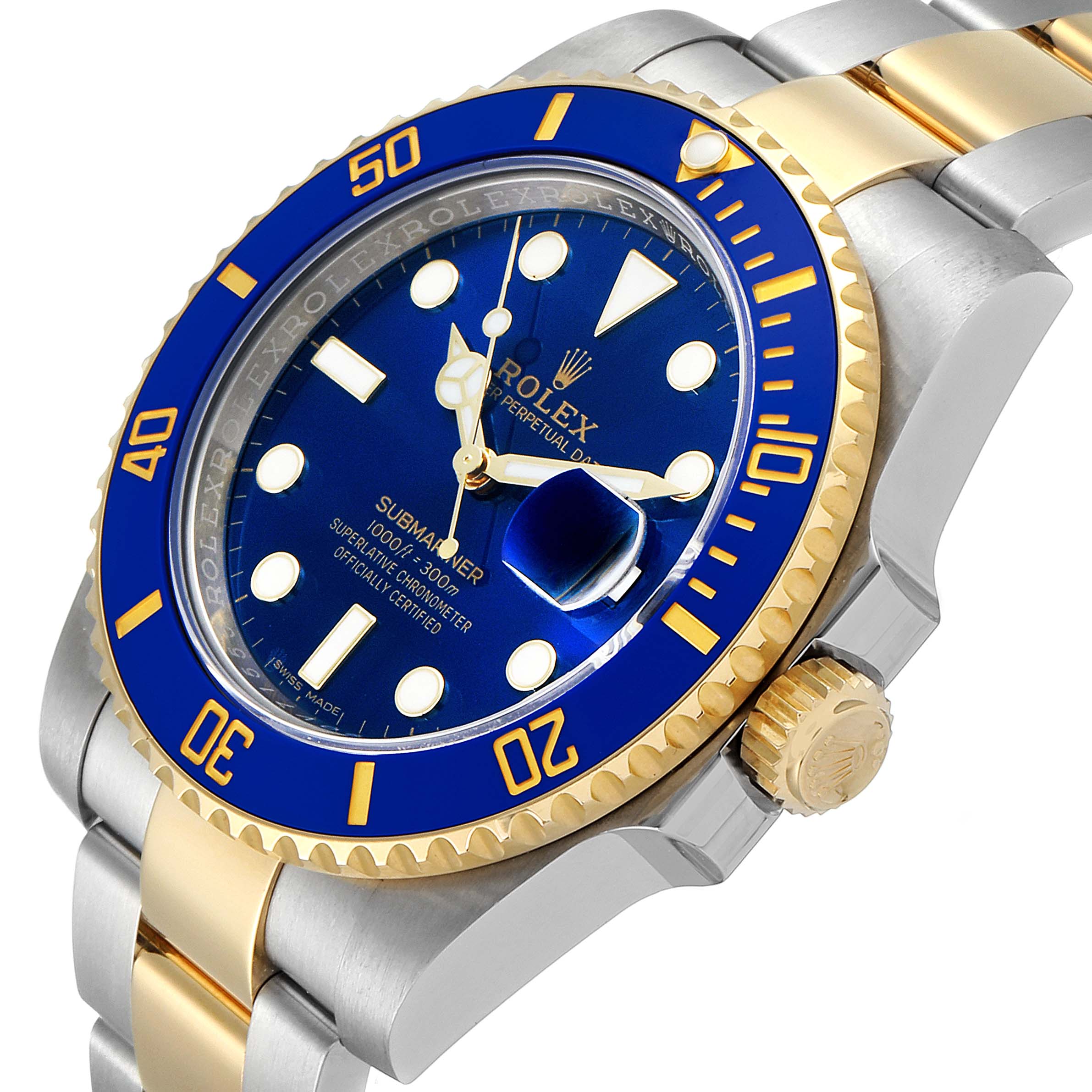 This image shows a Rolex Submariner 116613 Men's Steel and Gold (two tone) Blue Dial 116613 Men's Steel and Gold (two tone) Blue Dial watch at a three-quarter angle, displaying the dial, bezel, crown, and part of the bracelet.
