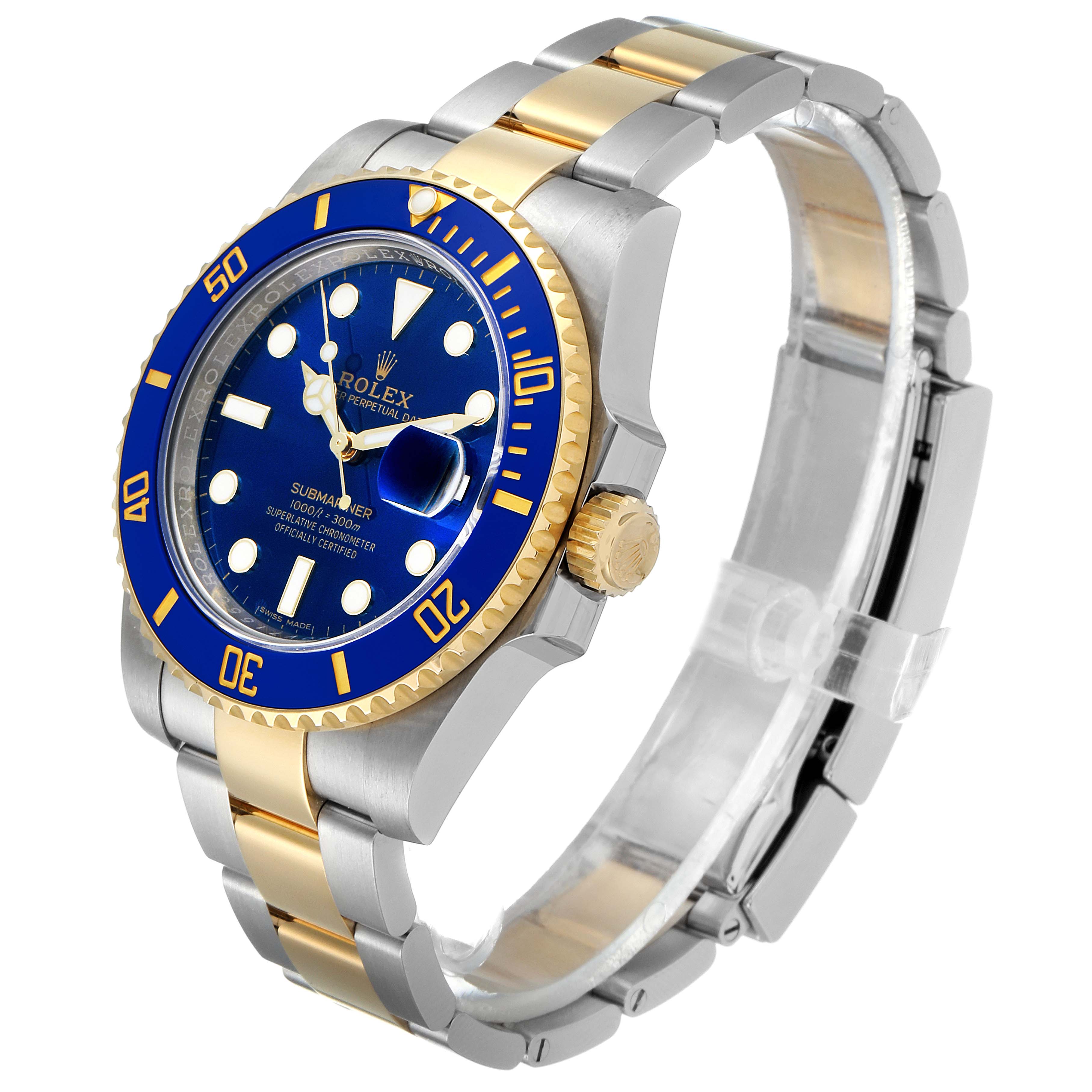The image shows a three-quarter side view of a Rolex Submariner 116613 Men's Steel and Gold (two tone) Blue Dial 116613 Men's Steel and Gold (two tone) Blue Dial watch, highlighting its blue dial, bezel, and two-tone metal bracelet.