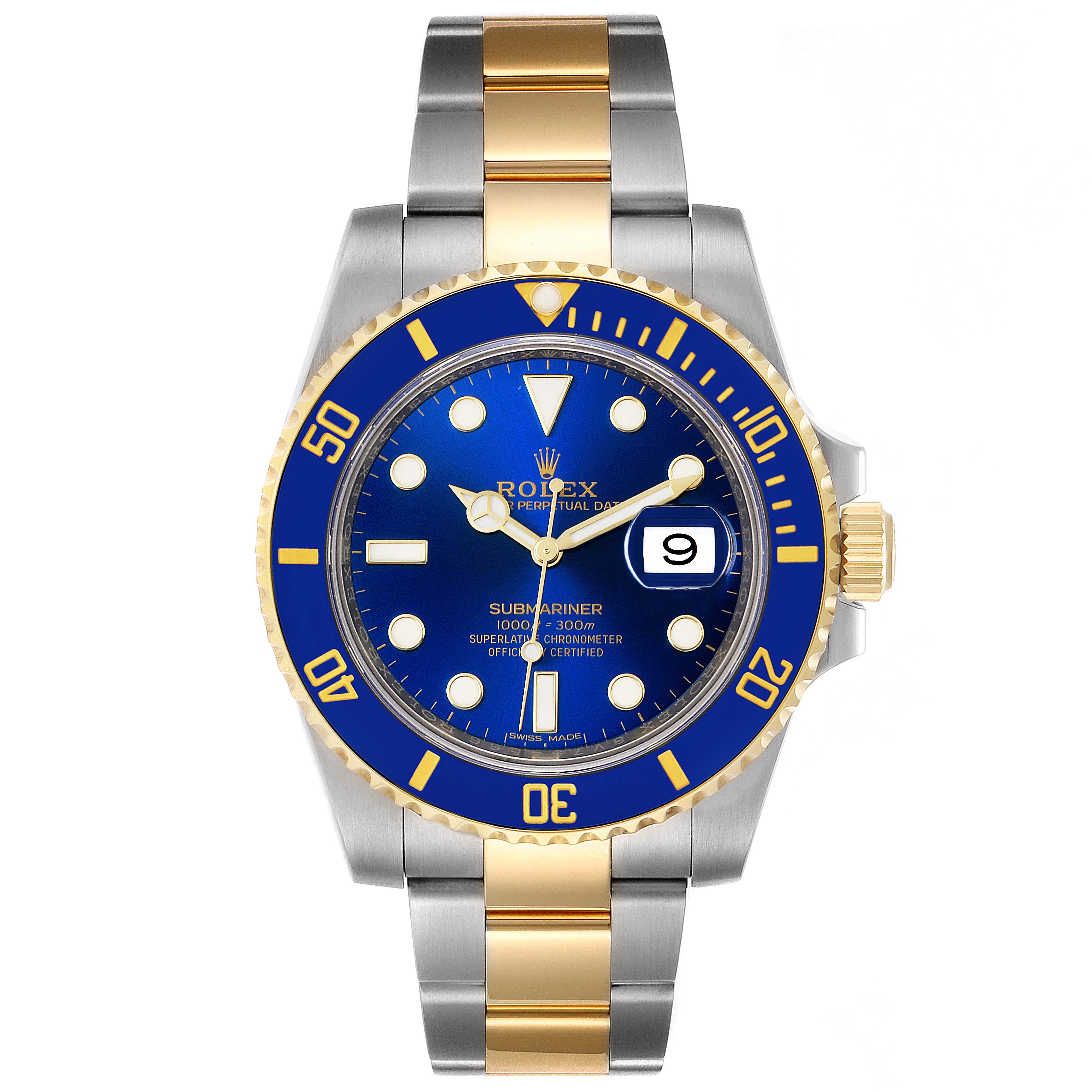 This is a front view of a Rolex Submariner 116613 Men's Steel and Gold (two tone) Blue Dial 116613 Men's Steel and Gold (two tone) Blue Dial watch, showing the blue dial, gold bezel, and two-tone bracelet.