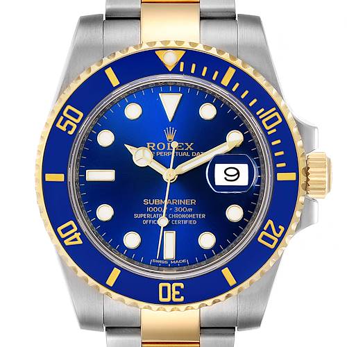 Photo of Rolex Submariner Steel 18K Yellow Gold Blue Dial Mens Watch 116613 Box Card