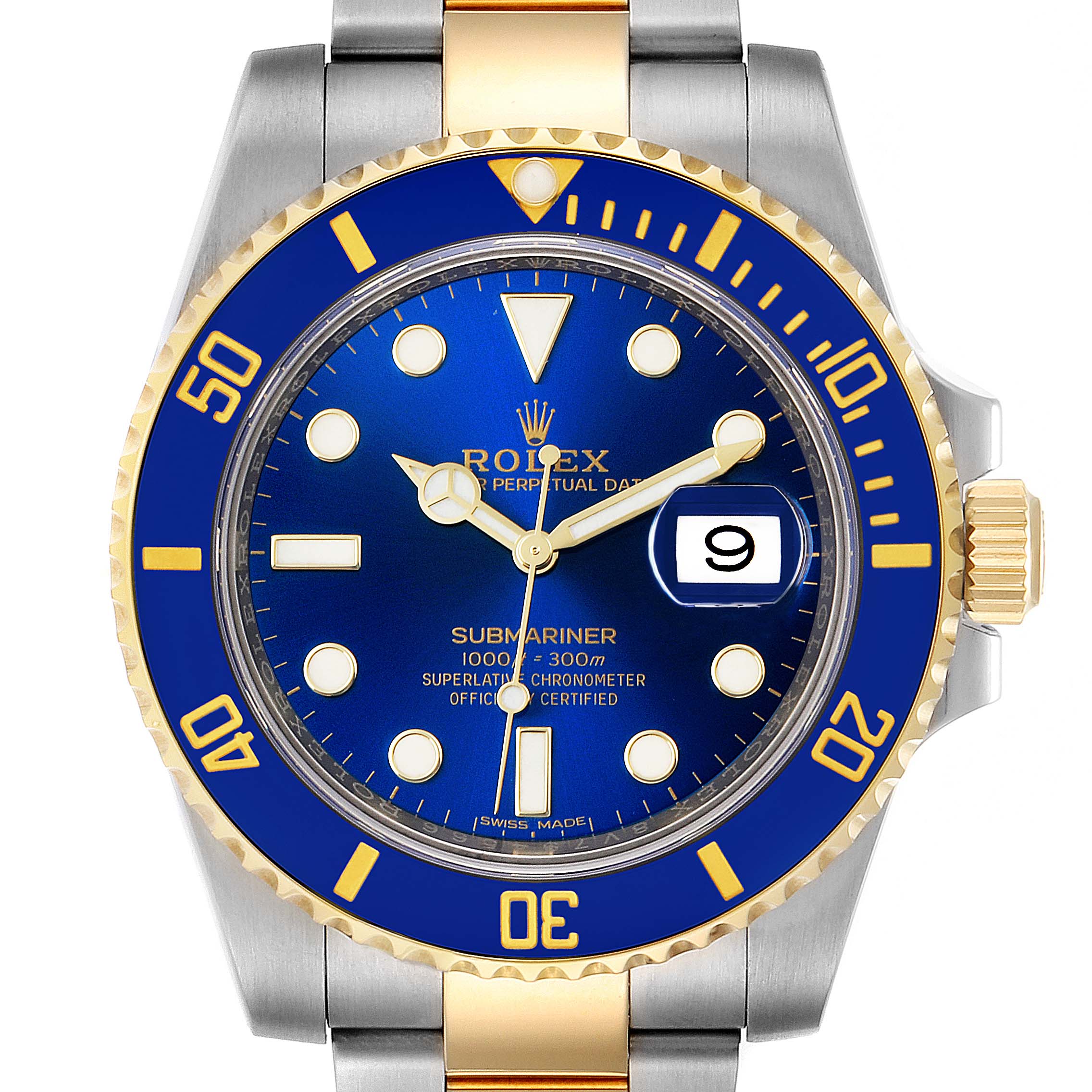 This image shows a frontal view of a Rolex Submariner 116613 Men's Steel and Gold (two tone) Blue Dial 116613 Men's Steel and Gold (two tone) Blue Dial watch, highlighting the blue dial, date window, and two-tone bracelet.