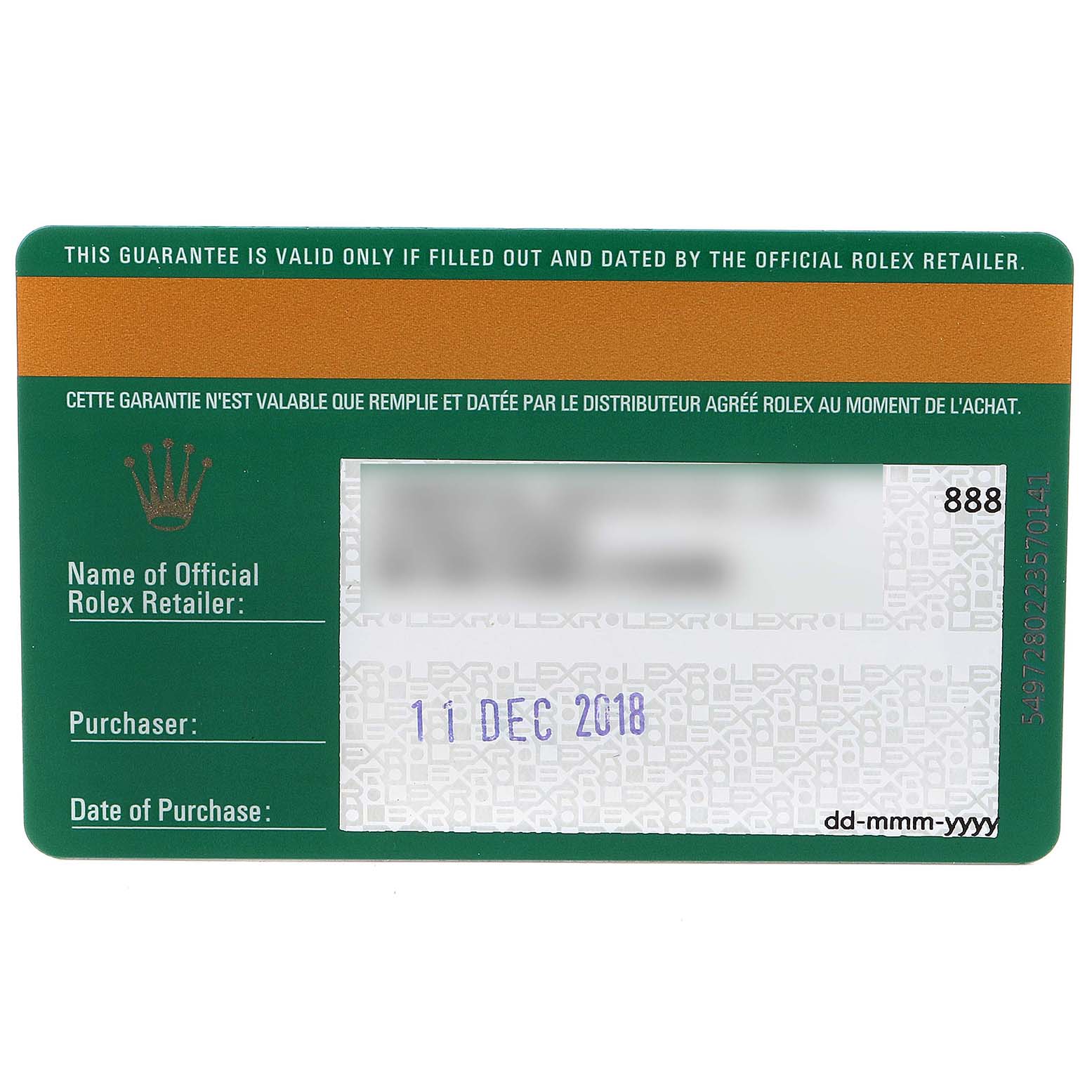 This image shows a Rolex guarantee card, relevant to the Rolex Submariner 116613 Men's Steel and Gold (two tone) Blue Dial 116613 Men's Steel and Gold (two tone) Blue Dial model, featuring purchaser details and date of purchase.