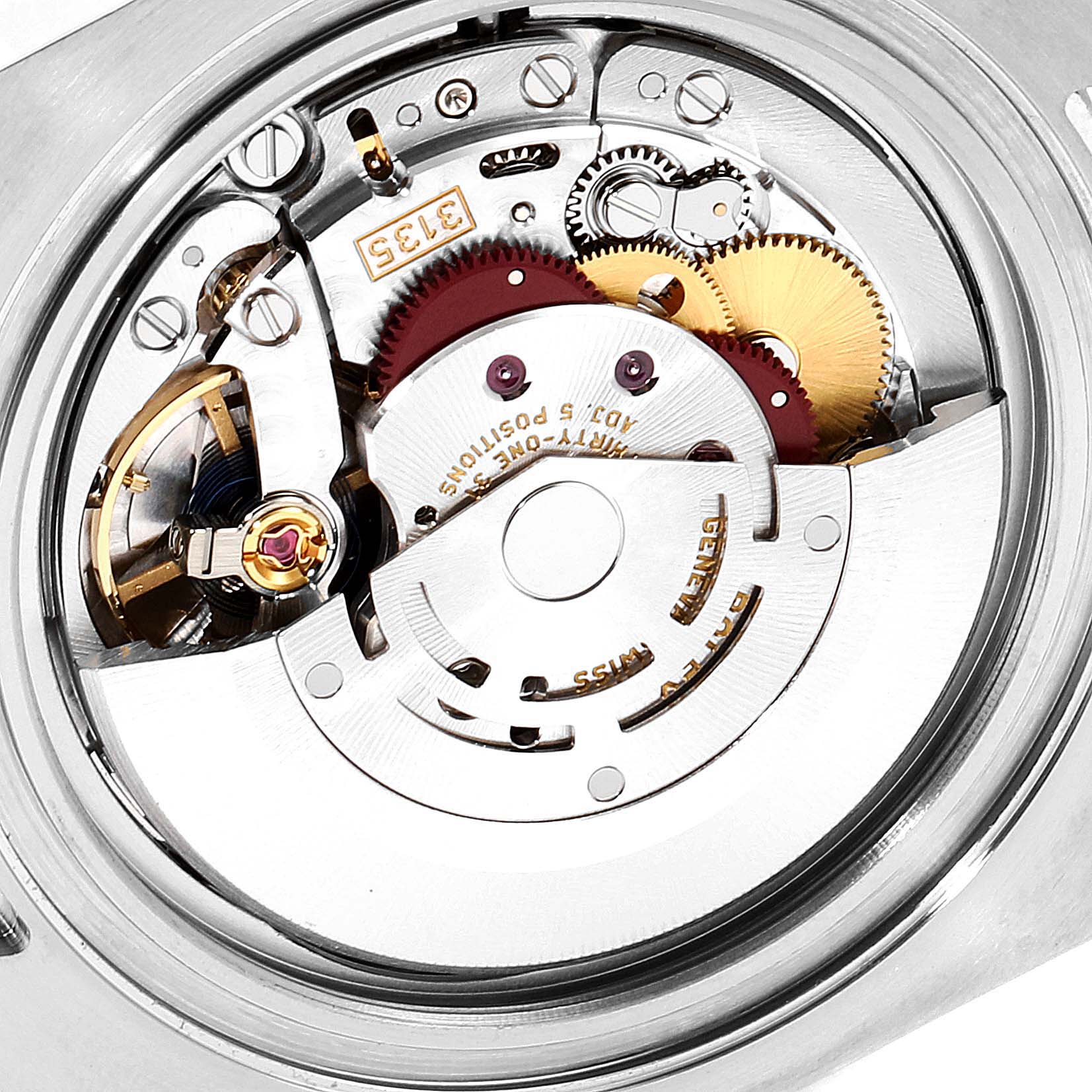 This is a close-up view of the movement mechanism of a Rolex Submariner 116613 Men's Steel and Gold (two tone) Blue Dial 116613 Men's Steel and Gold (two tone) Blue Dial watch.