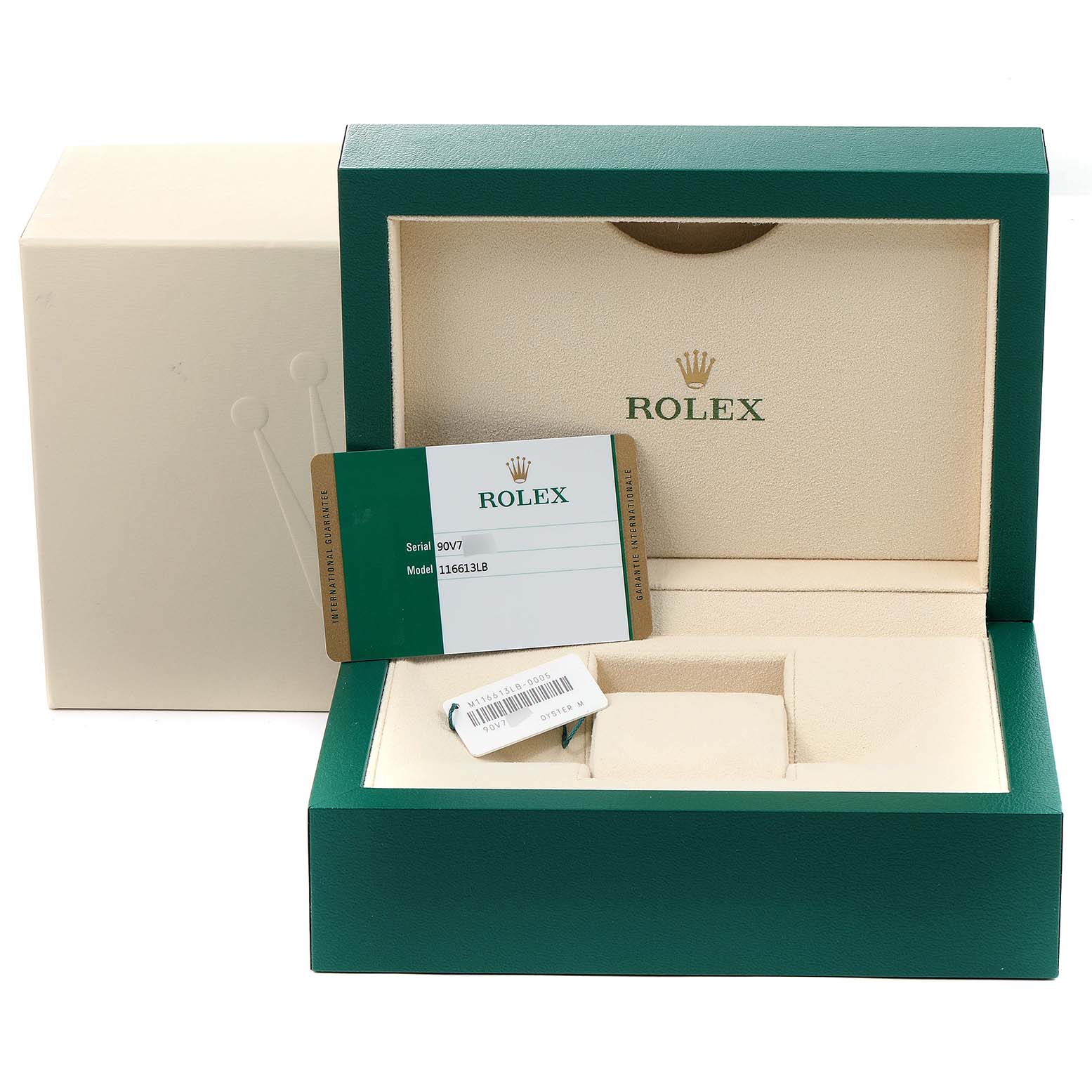 This image shows the packaging for a Rolex Submariner 116613 Men's Steel and Gold (two tone) Blue Dial 116613 Men's Steel and Gold (two tone) Blue Dial model, including the box, tag, and warranty card.