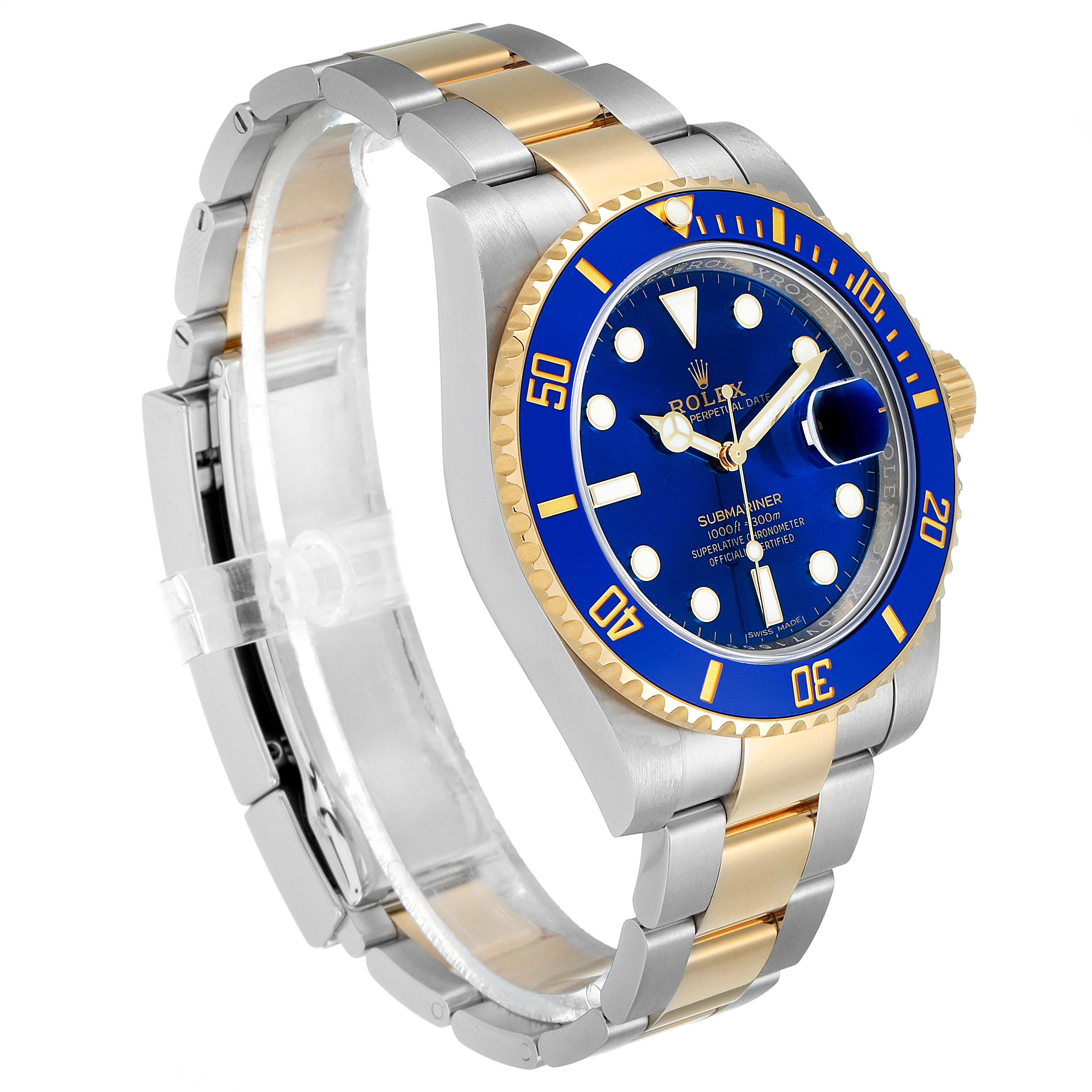 The image shows a side angle of a Rolex Submariner 116613 Men's Steel and Gold (two tone) Blue Dial 116613 Men's Steel and Gold (two tone) Blue Dial watch, highlighting the band, case, bezel, and dial.