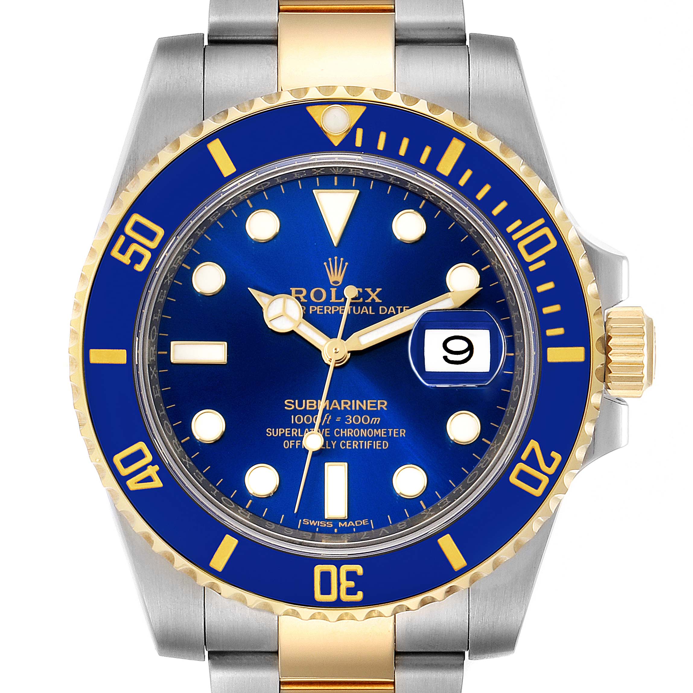 Front view of a Rolex Submariner 116613 Men's Steel and Gold (two tone) Blue Dial 116613 Men's Steel and Gold (two tone) Blue Dial with a blue dial and bezel, gold accents, and a two-tone bracelet.