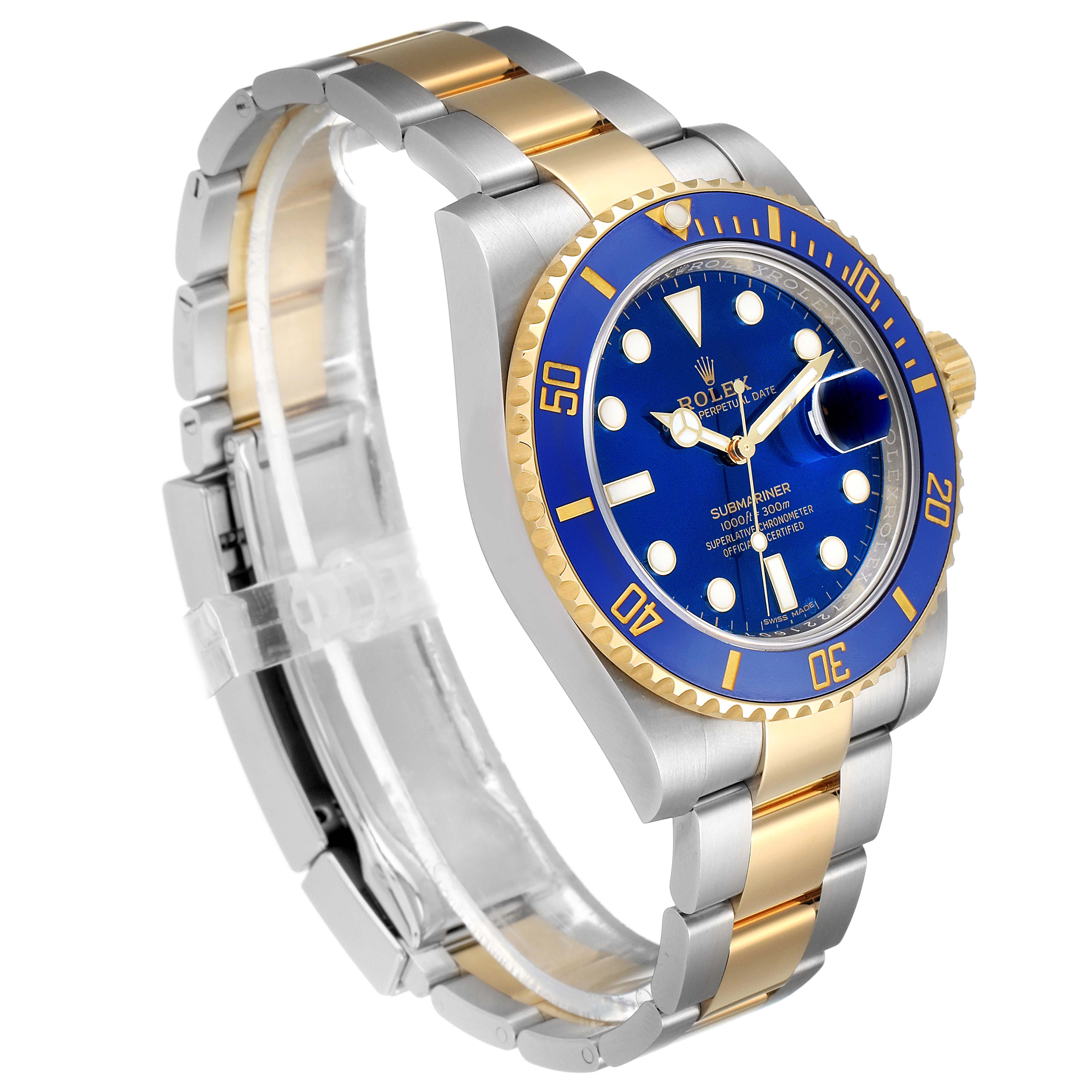 The Rolex Submariner 116613 Men's Steel and Gold (two tone) Blue Dial 116613 Men's Steel and Gold (two tone) Blue Dial watch is shown at an angle highlighting the blue dial, gold bezel, and two-tone metal bracelet.