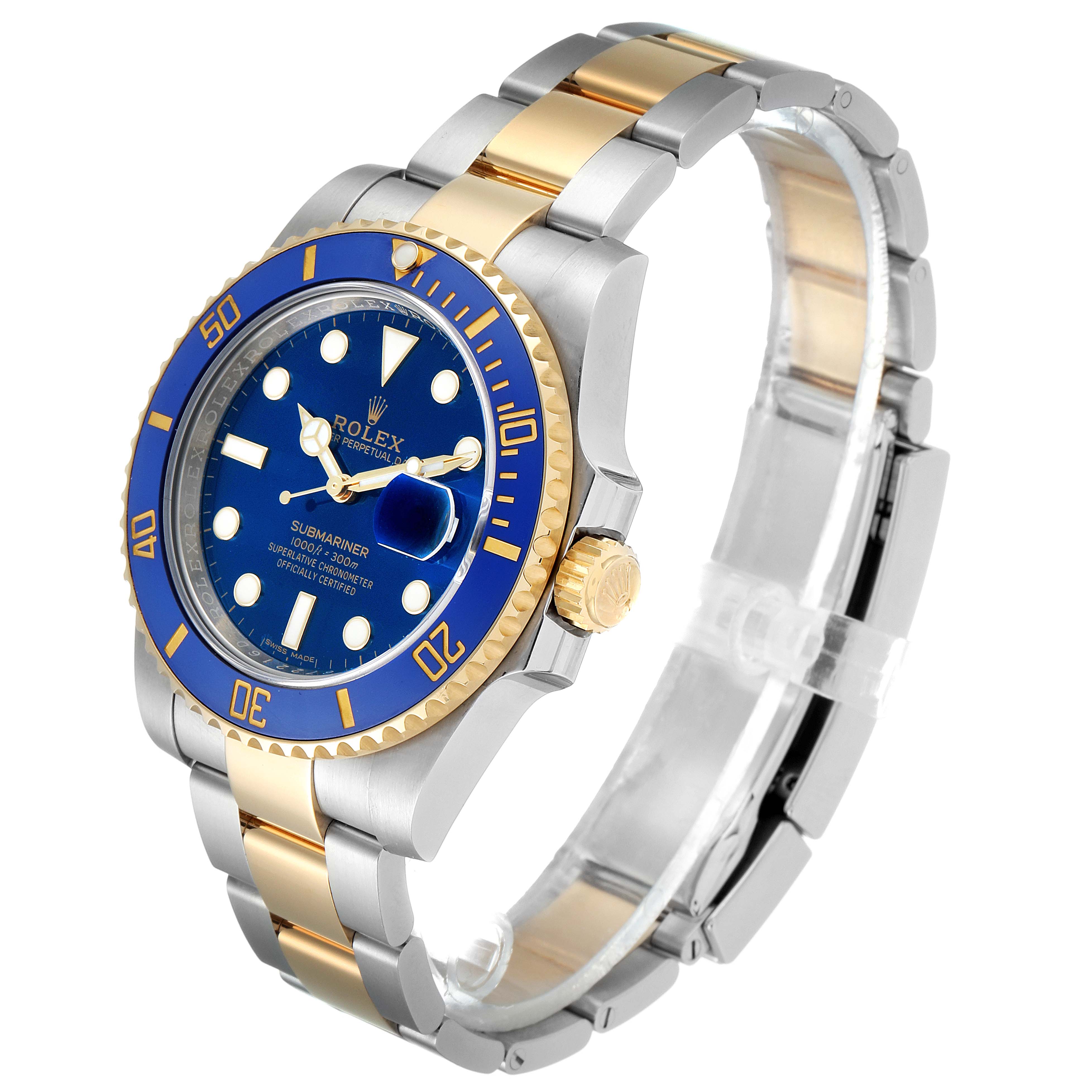 The image shows a Rolex Submariner 116613 Men's Steel and Gold (two tone) Blue Dial 116613 Men's Steel and Gold (two tone) Blue Dial watch at an oblique angle displaying the face, bezel, crown, and part of the bracelet.