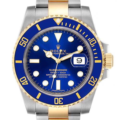 Photo of Rolex Submariner Steel 18K Yellow Gold Blue Dial Mens Watch 116613 Box Card