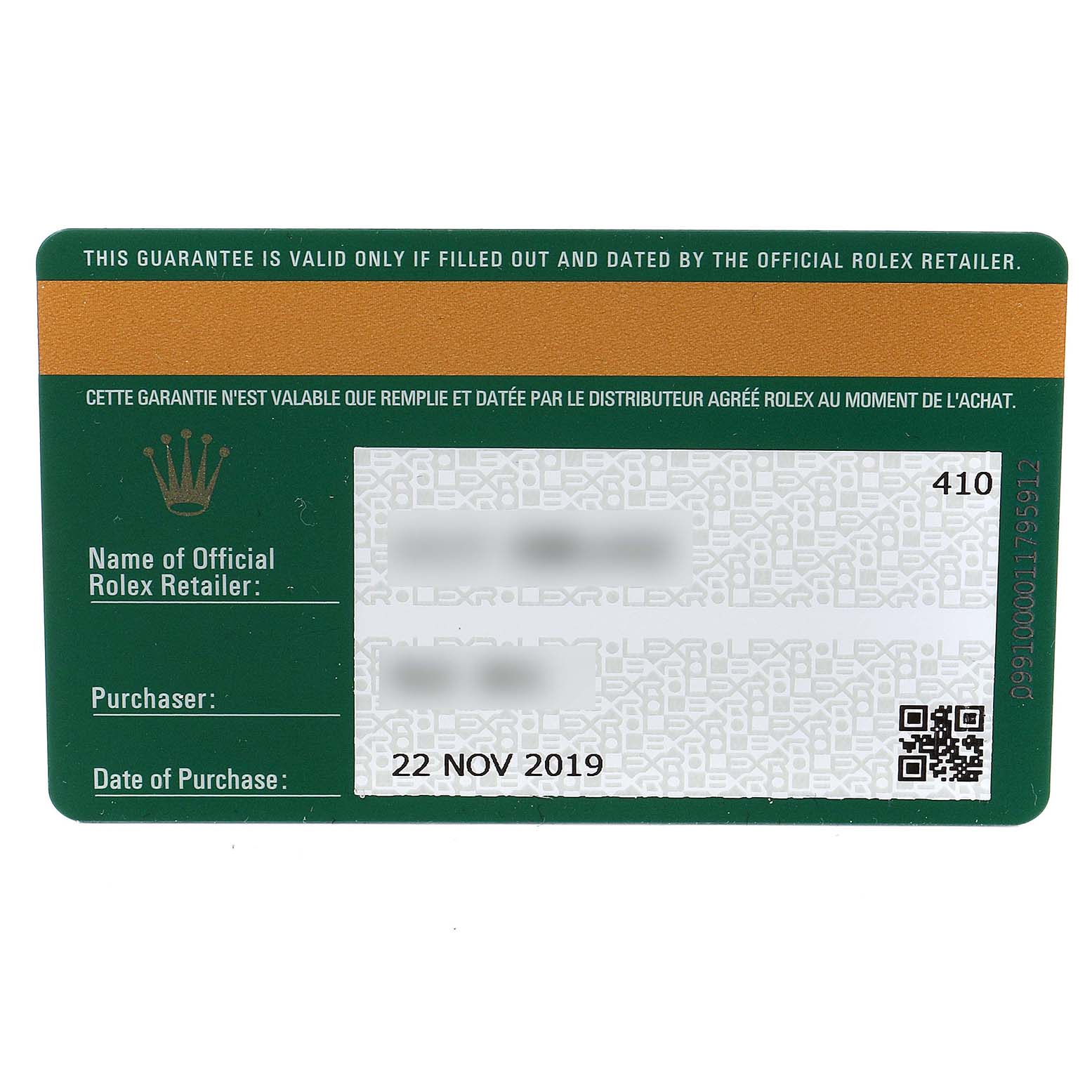 This image shows the warranty card for the Rolex Submariner 116613 Men's Steel and Gold (two tone) Blue Dial 116613 Men's Steel and Gold (two tone) Blue Dial model, providing purchase and retailer details.