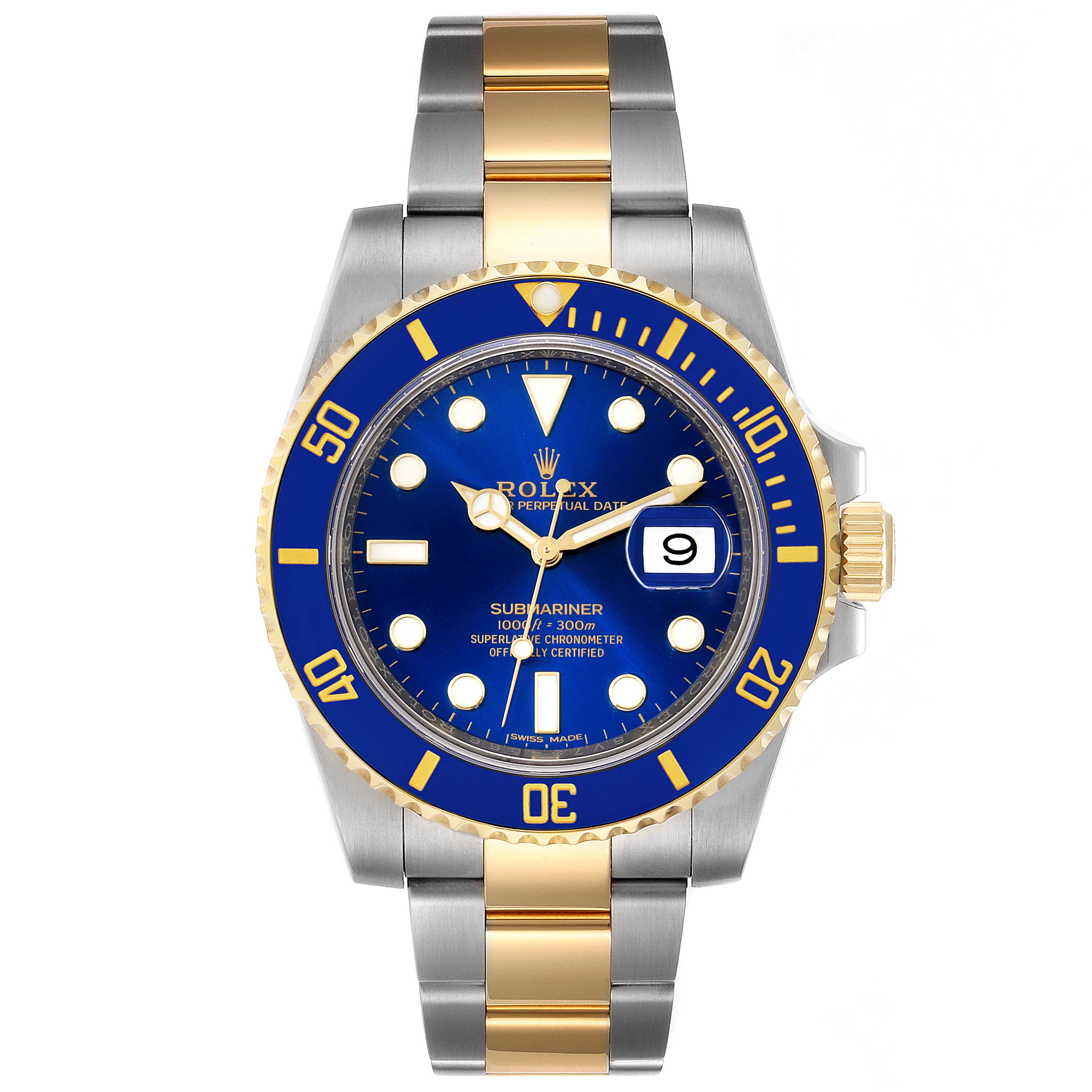 The image shows a front view of a Rolex Submariner 116613 Men's Steel and Gold (two tone) Blue Dial 116613 Men's Steel and Gold (two tone) Blue Dial watch, displaying the face, bezel, and bracelet.