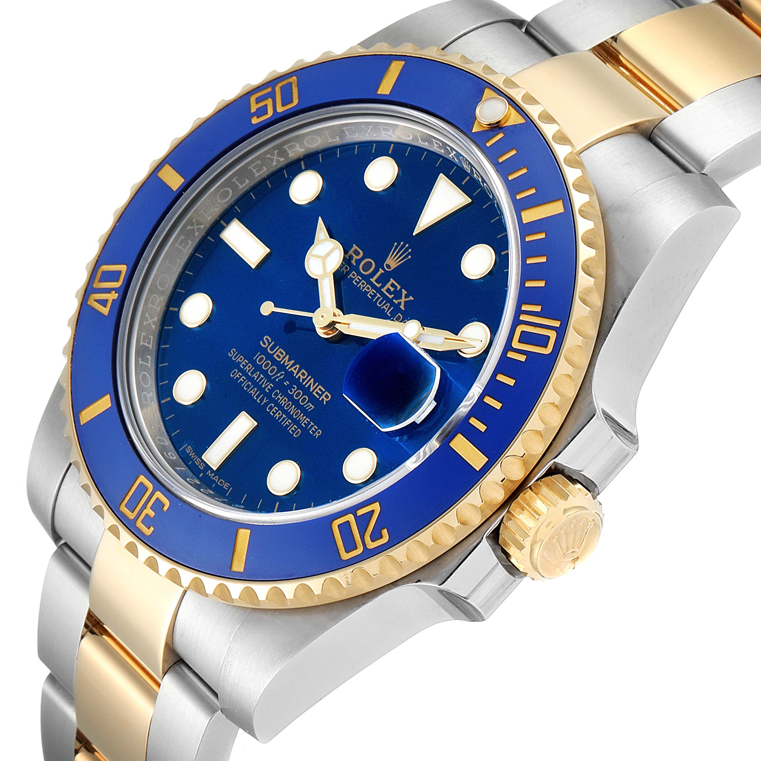 This image shows a Rolex Submariner 116613 Men's Steel and Gold (two tone) Blue Dial 116613 Men's Steel and Gold (two tone) Blue Dial watch at an angle, highlighting the blue dial, unidirectional bezel, and two-tone bracelet.