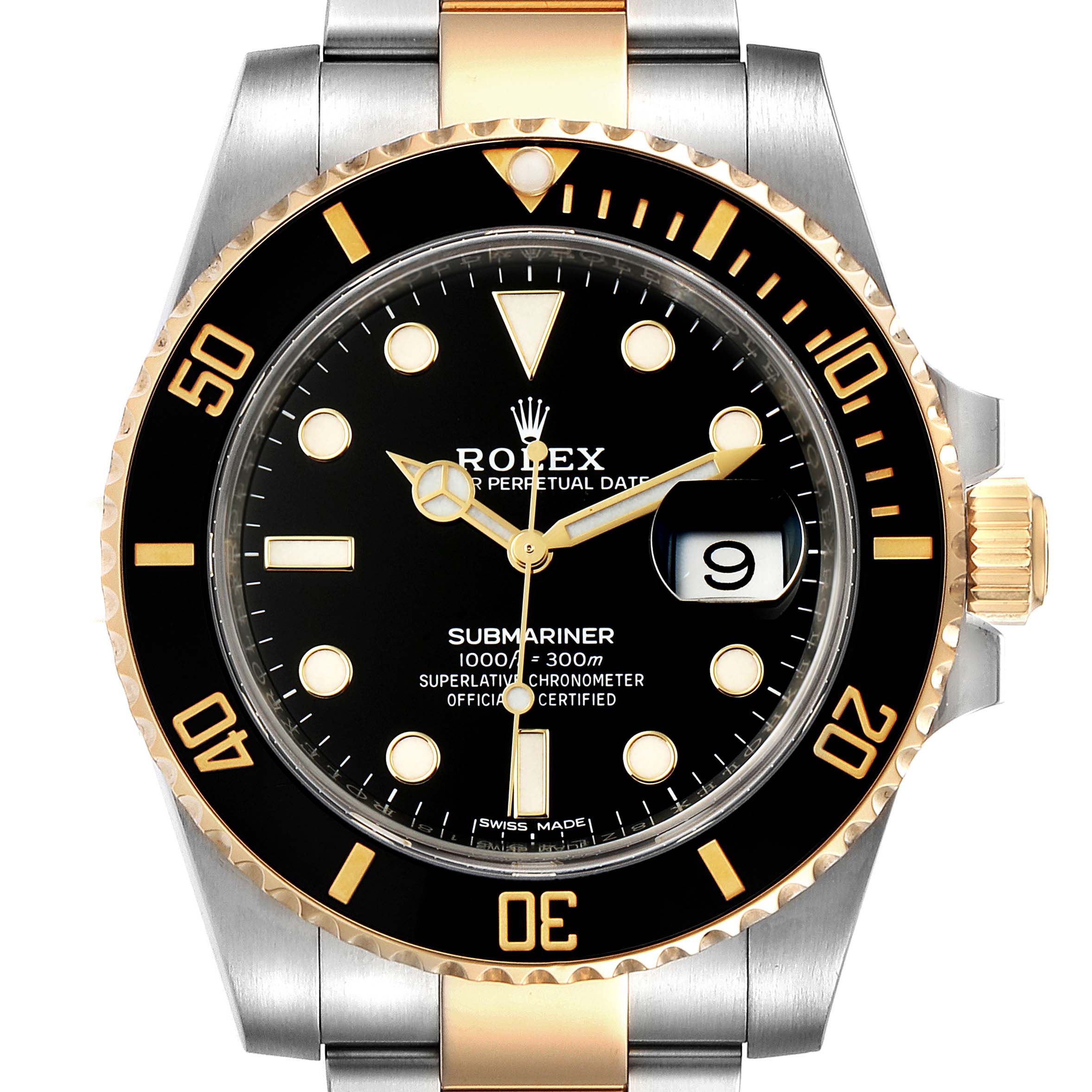 The image shows a frontal view of the Rolex Submariner 116613 Men
s Steel and Gold (two tone) Black Dial 116613 Men
s Steel and Gold (two tone) Black Dial watch, highlighting the bezel, dial, hands, and bracelet.