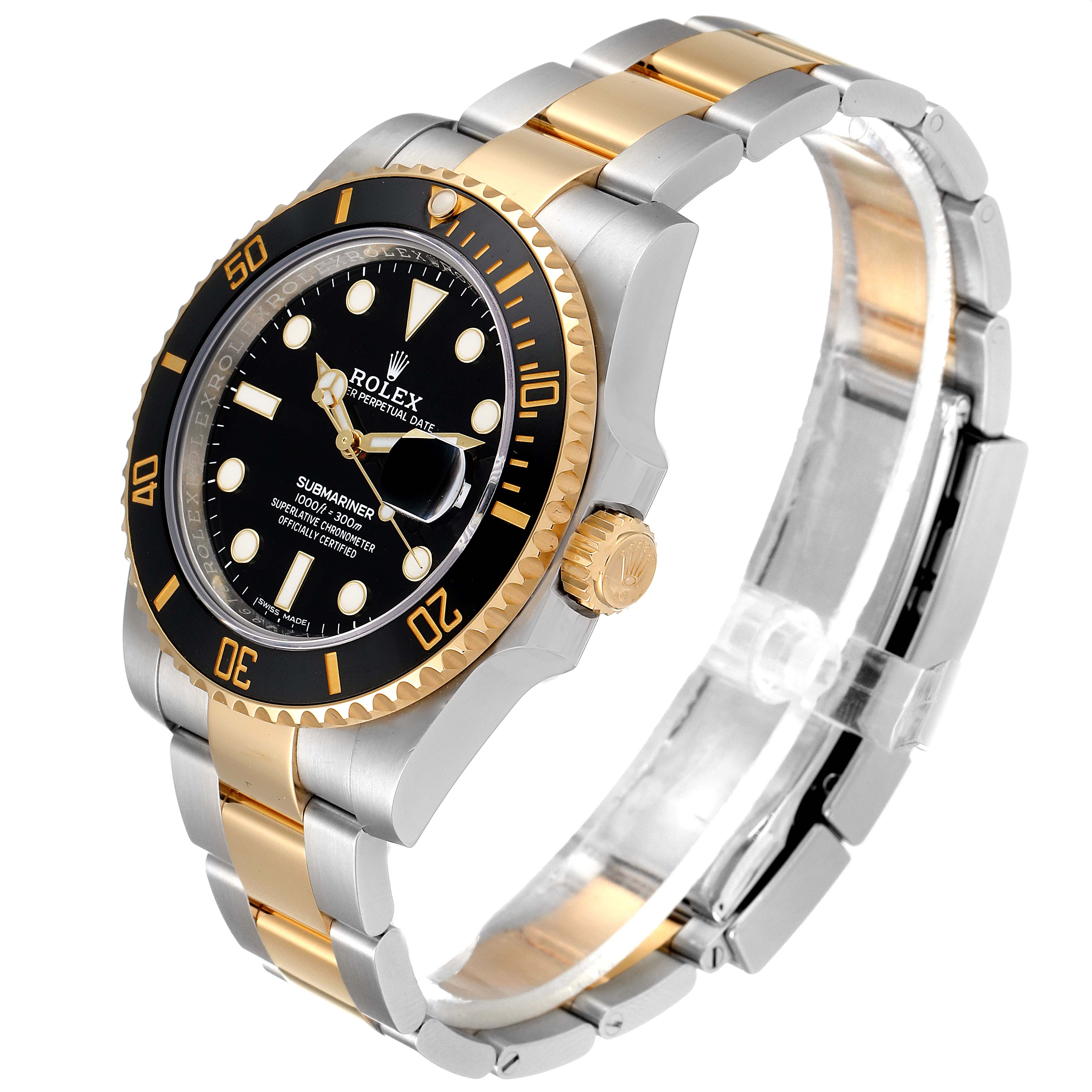 The image shows a Rolex Submariner 116613 Men
s Steel and Gold (two tone) Black Dial 116613 Men
s Steel and Gold (two tone) Black Dial watch from a side angle highlighting its band, bezel, and dial.