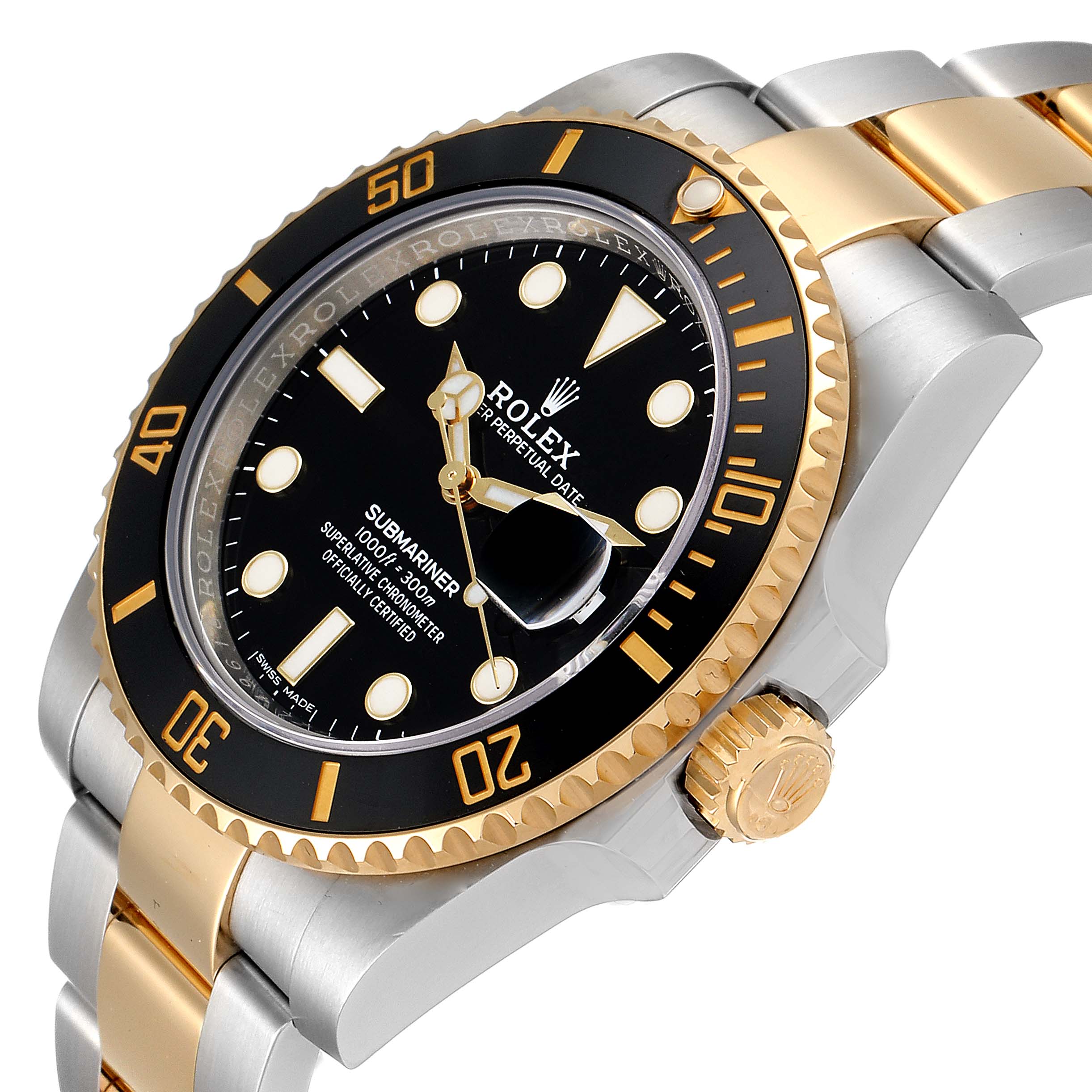 The image shows a close-up angled view of the Rolex Submariner 116613 Men
s Steel and Gold (two tone) Black Dial 116613 Men
s Steel and Gold (two tone) Black Dial watch, highlighting its bezel, crown, dial, and part of the bracelet.