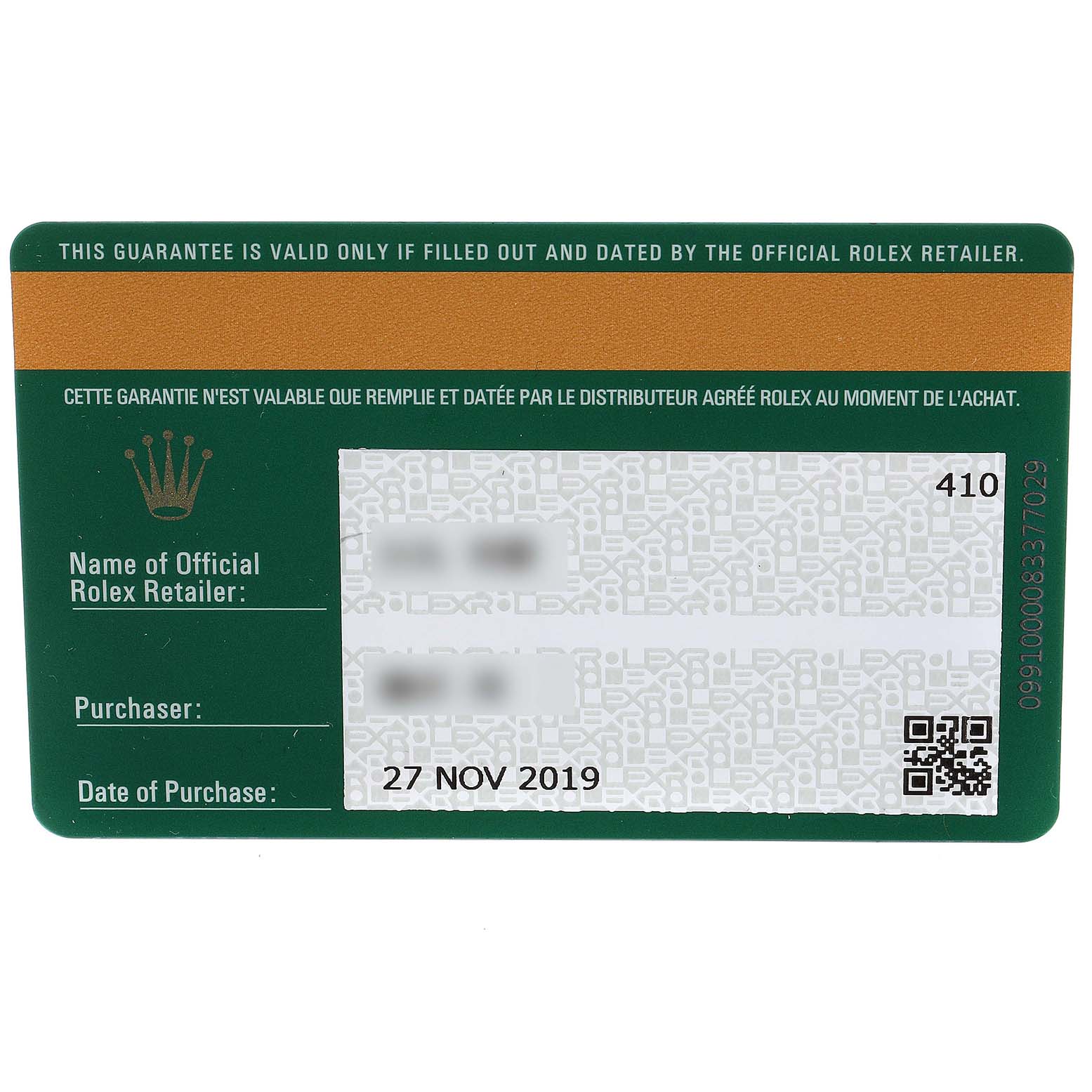 The image shows a warranty card for a Rolex Submariner 116613 Men
s Steel and Gold (two tone) Black Dial 116613 Men
s Steel and Gold (two tone) Black Dial, including retailer name, purchaser details, and date of purchase.