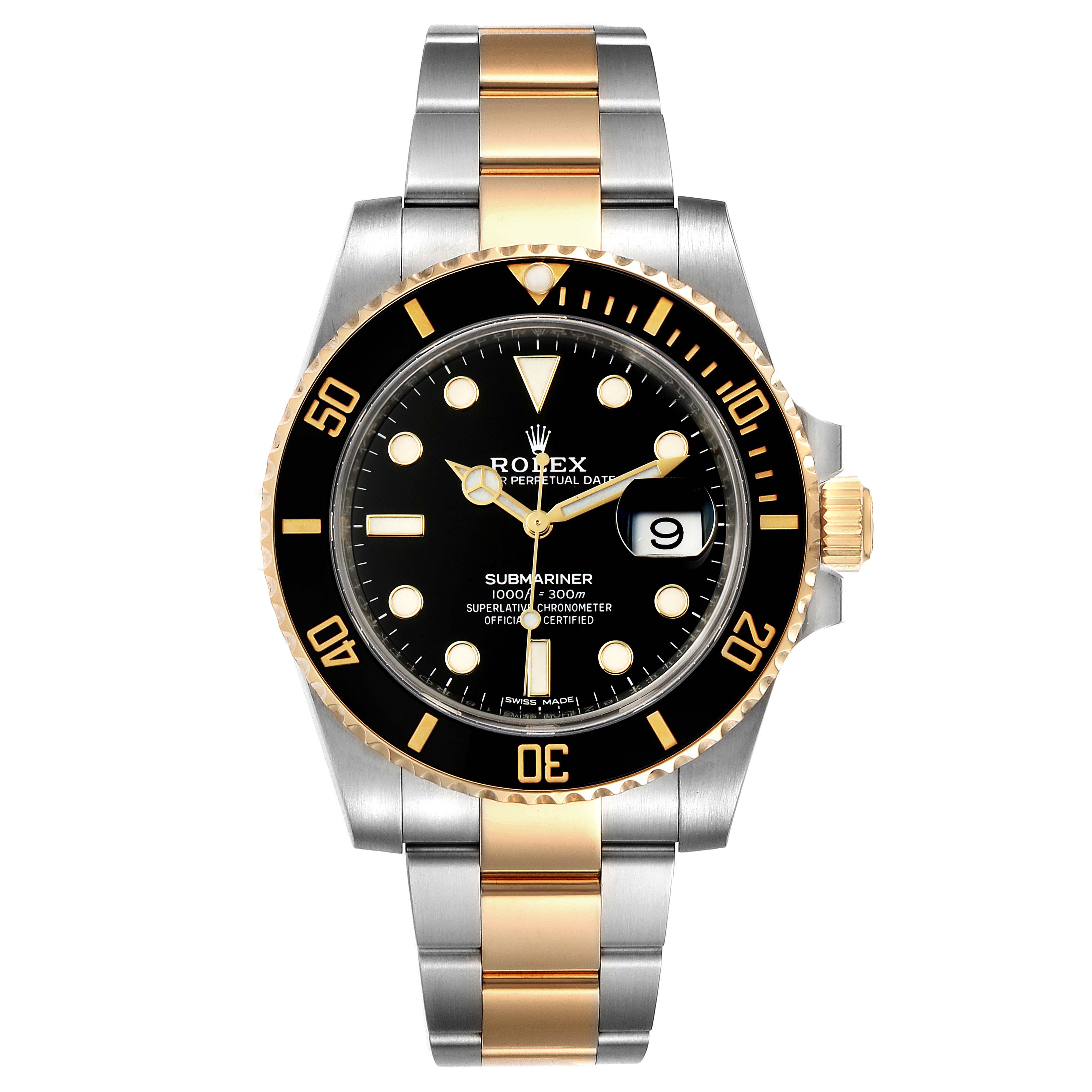 The image shows a front view of a Rolex Submariner 116613 Men
s Steel and Gold (two tone) Black Dial 116613 Men
s Steel and Gold (two tone) Black Dial watch, highlighting its black dial, rotating bezel, and two-tone bracelet.