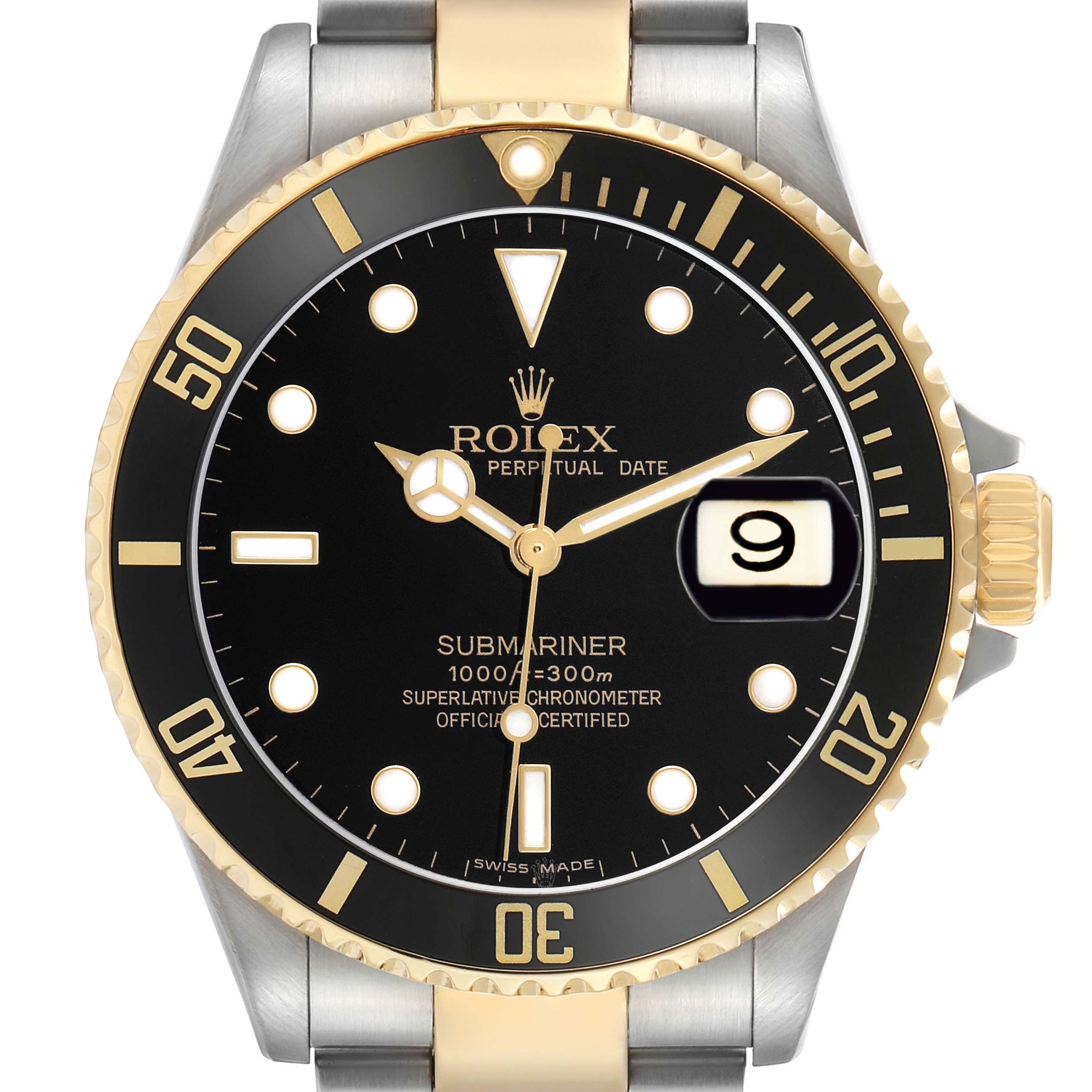 The Rolex Submariner 16613 Men's Steel and Gold (two tone) Black Dial watch is shown from the front, highlighting the dial, bezel, and part of the bracelet.