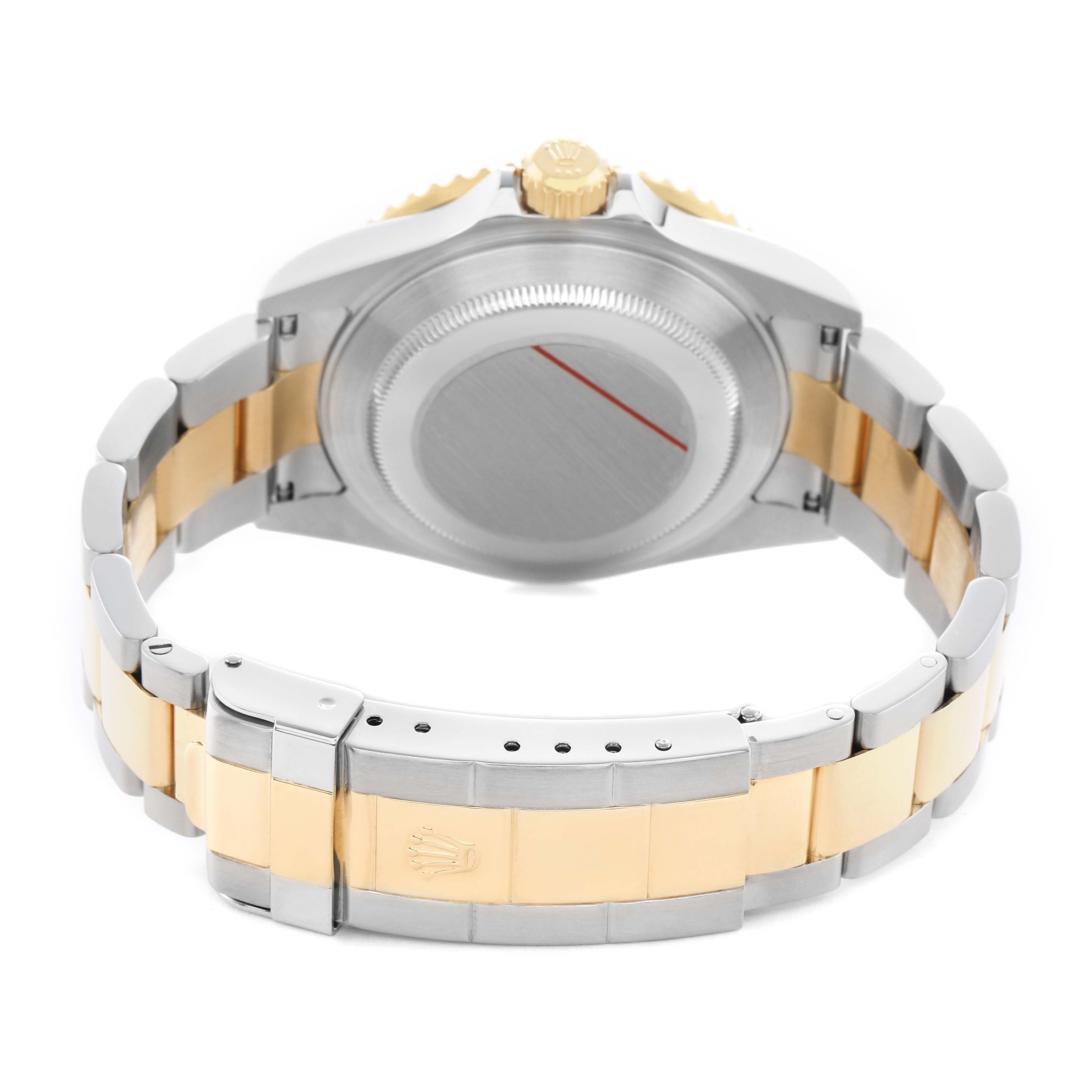 The Rolex Submariner 16613 Men's Steel and Gold (two tone) Black Dial is shown from the back, displaying the clasp, case back, and bracelet in a two-tone metal finish.