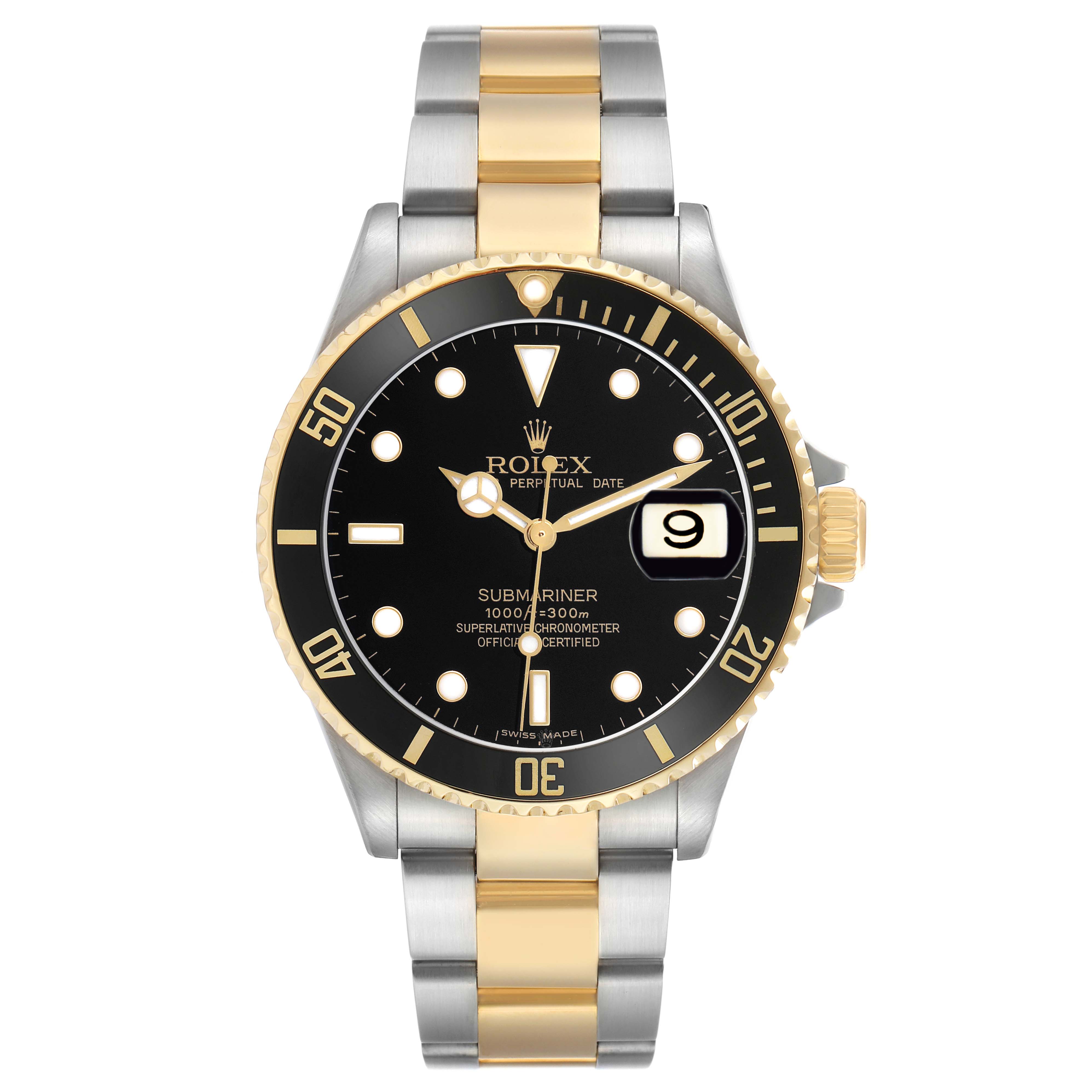The Rolex Submariner 16613 Men's Steel and Gold (two tone) Black Dial is shown from a front angle, displaying its dial, bezel, and bracelet.
