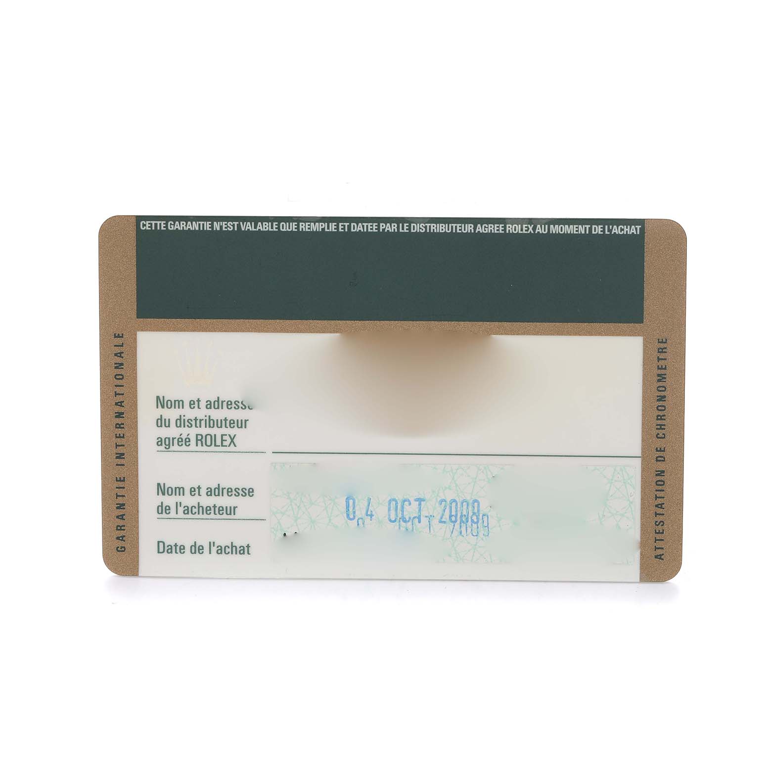 The image shows the international warranty card for a Rolex Submariner 16613 Men's Steel and Gold (two tone) Black Dial, featuring dealership and purchase details.