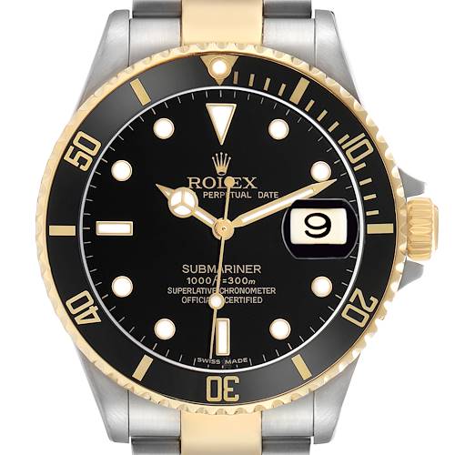 The Rolex Submariner 16613 Men's Steel and Gold (two tone) Black Dial watch is shown from a front angle, highlighting the dial, bezel, and bracelet.