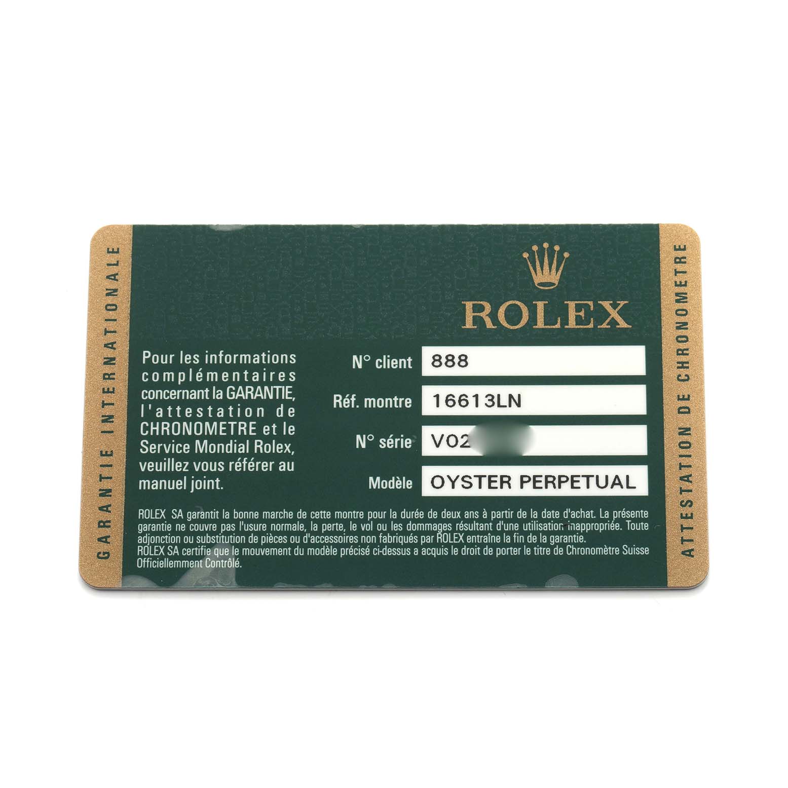 The image shows a warranty card for a Rolex Submariner 16613 Men's Steel and Gold (two tone) Black Dial watch, displaying model and reference details.