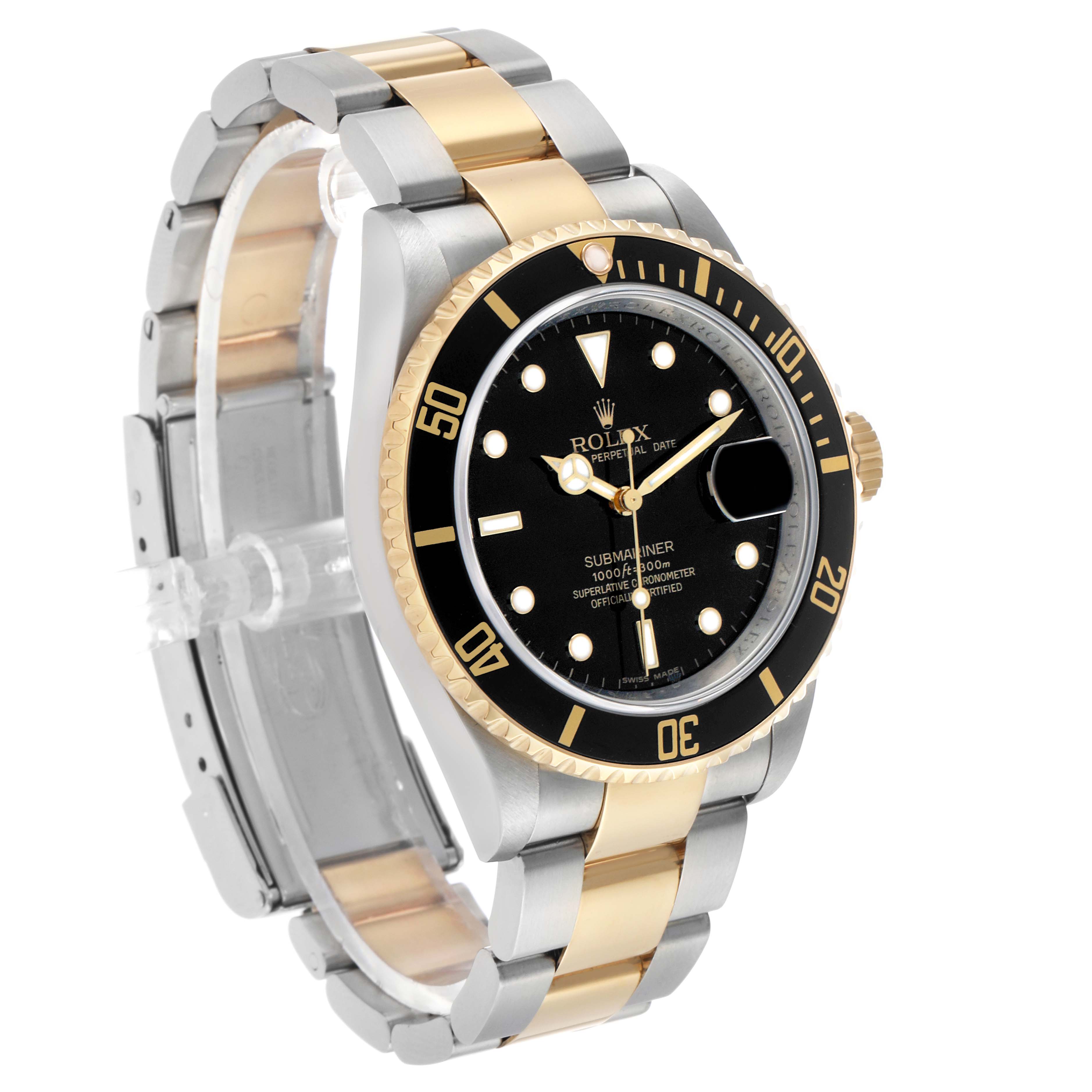 The Rolex Submariner 16613 Men's Steel and Gold (two tone) Black Dial watch is shown at a three-quarter angle, highlighting the dial, bezel, and bracelet.