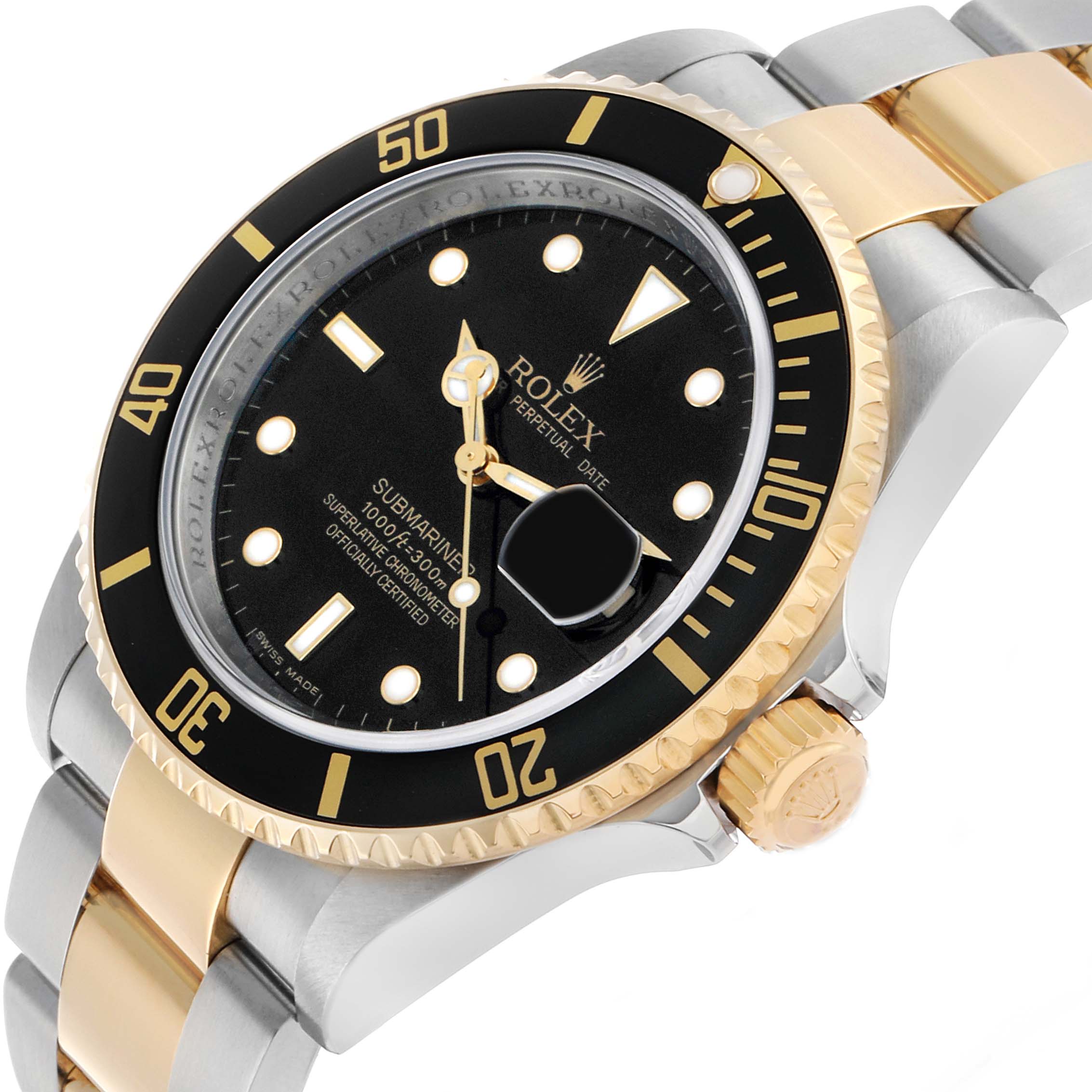 The Rolex Submariner 16613 Men's Steel and Gold (two tone) Black Dial is shown at a three-quarter angle, highlighting the dial, bezel, and two-tone bracelet.