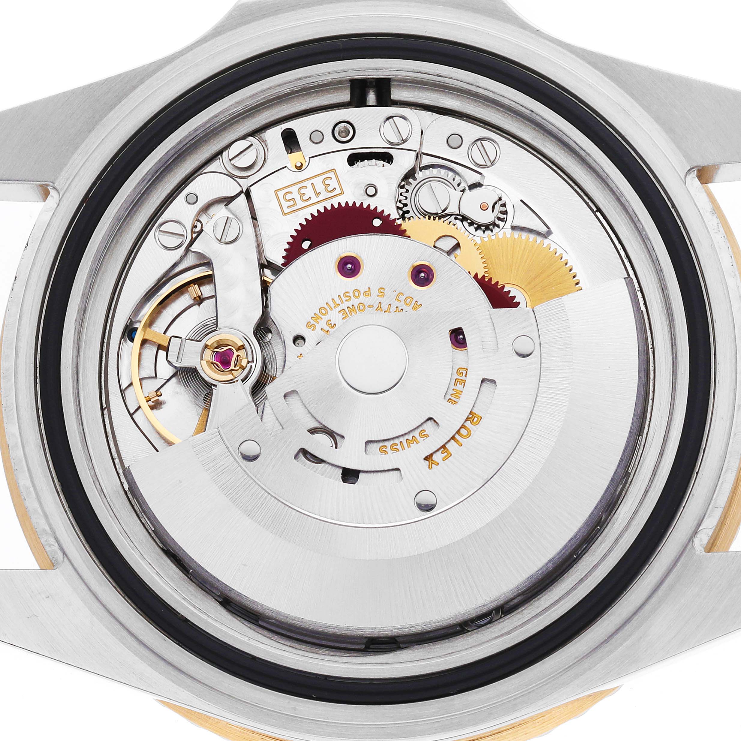 The image shows the movement of a Rolex Submariner 16613 Men's Steel and Gold (two tone) Black Dial watch from the rear, highlighting the intricate gears and components.