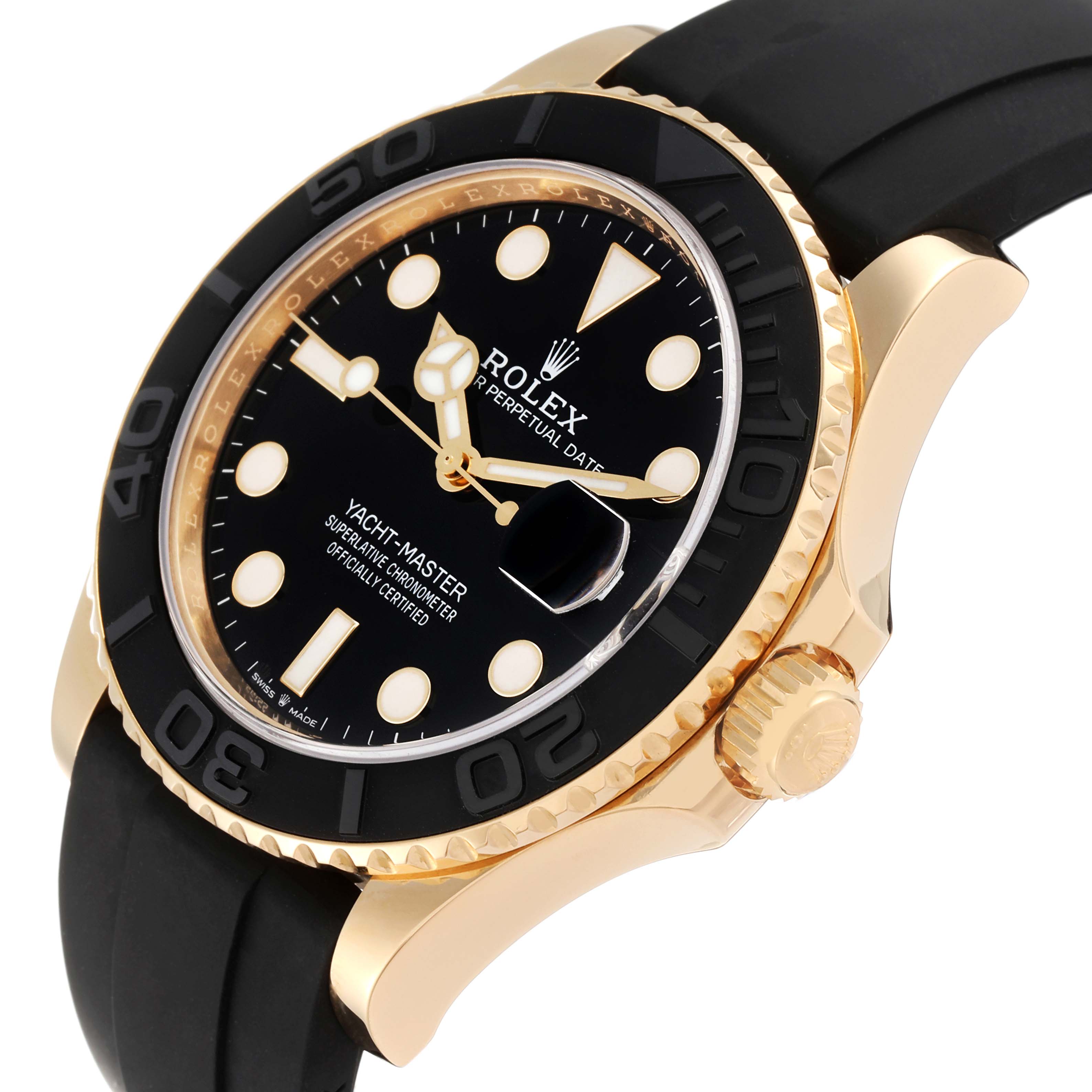 The Rolex Yacht-Master 226658 Men's Yellow Gold Black Dial 226658 Men's Yellow Gold Black Dial watch is shown at a three-quarter angle, highlighting its black dial, gold bezel, and crown.