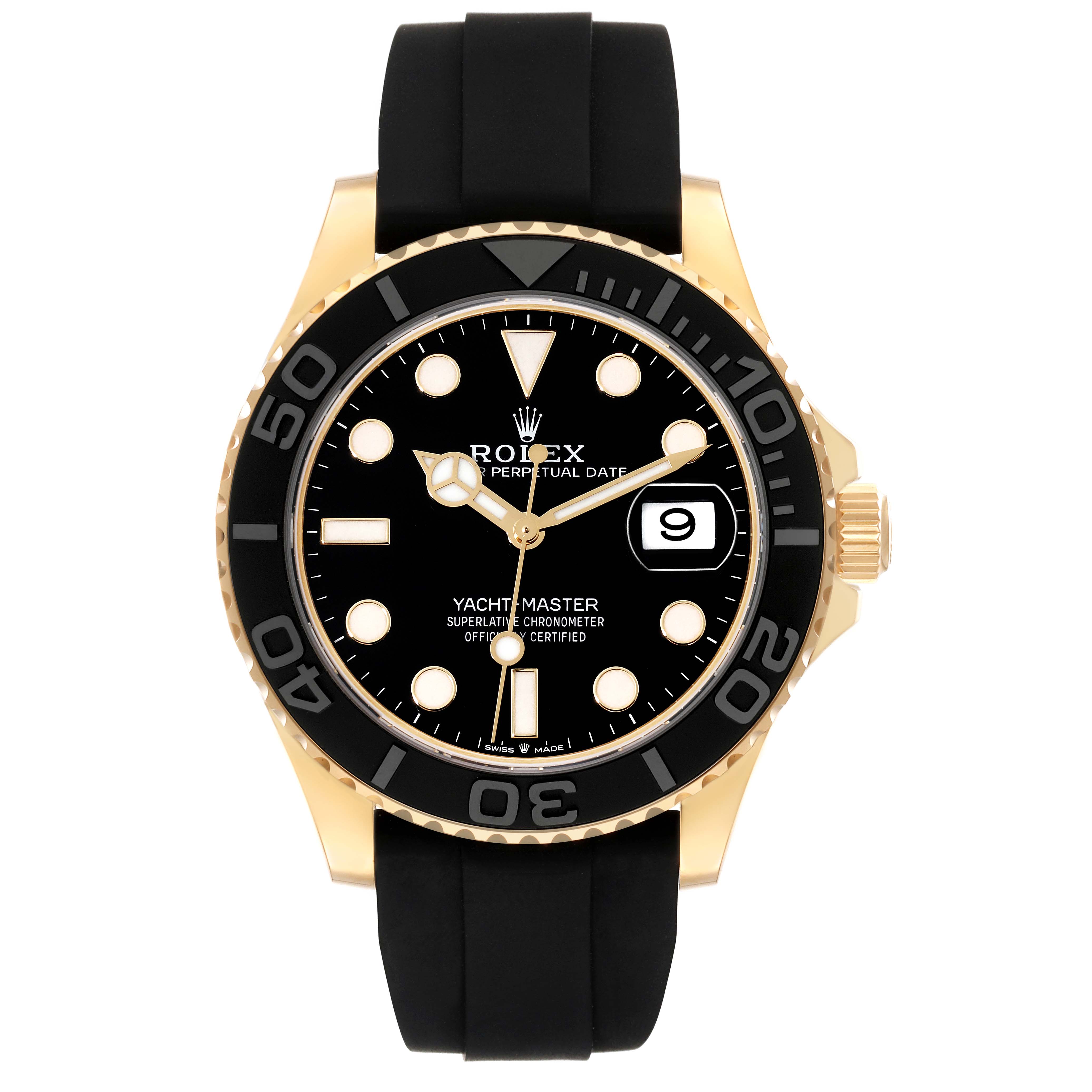 The Rolex Yacht-Master 226658 Men's Yellow Gold Black Dial 226658 Men's Yellow Gold Black Dial watch is shown from the front, displaying its black dial, bezel, and rubber strap.