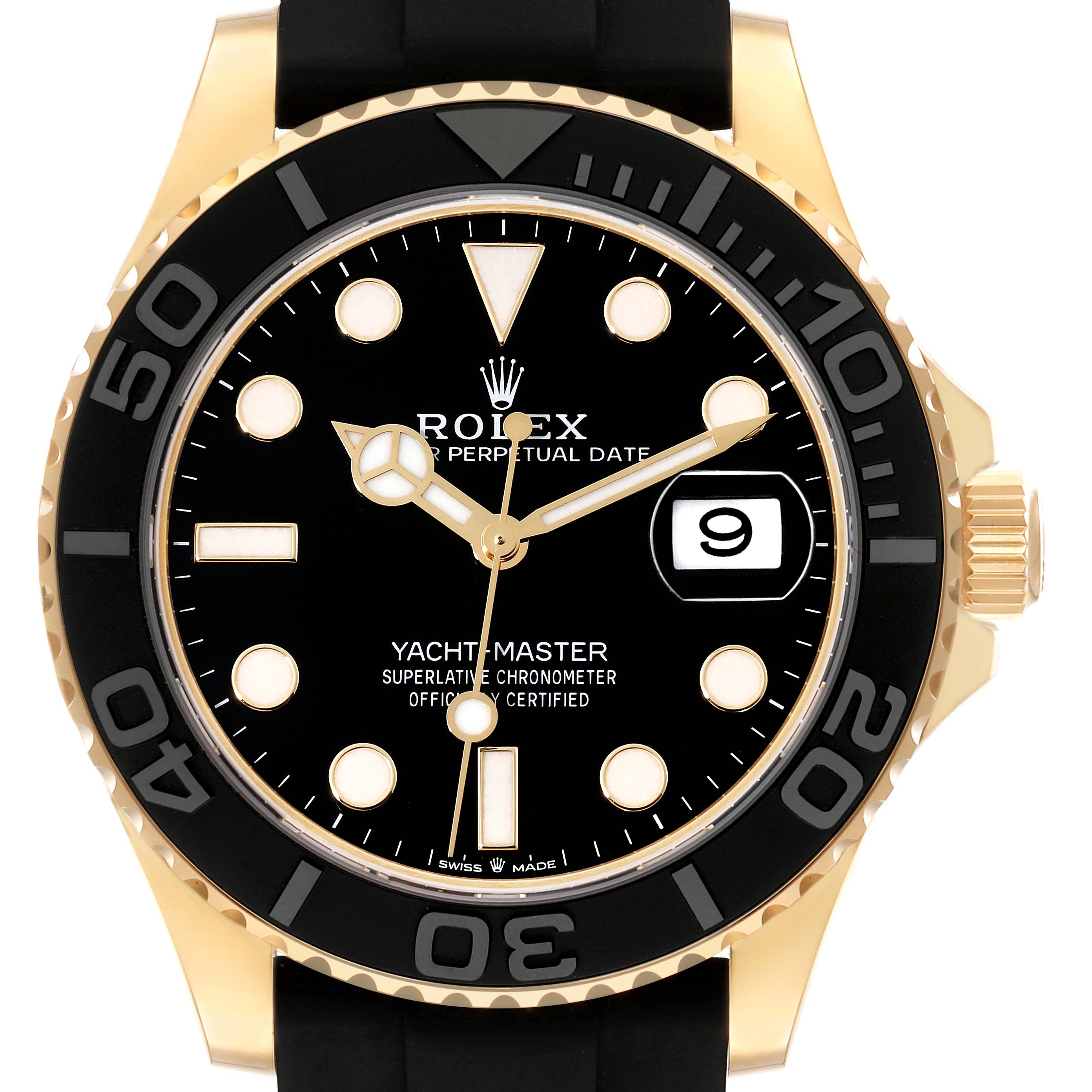 The image shows a front view of the Rolex Yacht-Master 226658 Men's Yellow Gold Black Dial 226658 Men's Yellow Gold Black Dial watch, featuring its dial, bezel, and part of its strap.