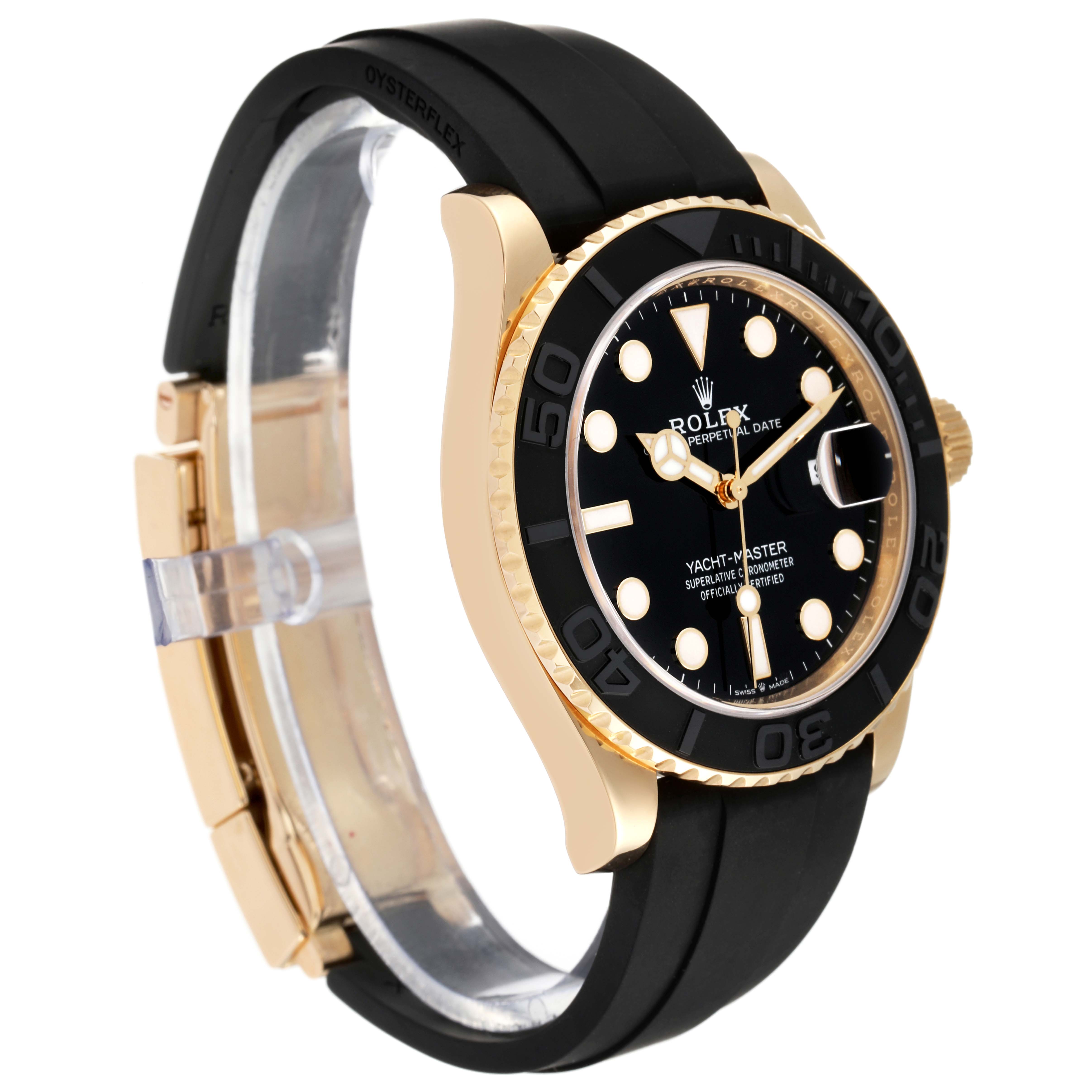 The Rolex Yacht-Master 226658 Men's Yellow Gold Black Dial 226658 Men's Yellow Gold Black Dial watch is shown at a side angle, featuring its black dial, gold case, bezel, and black rubber strap.