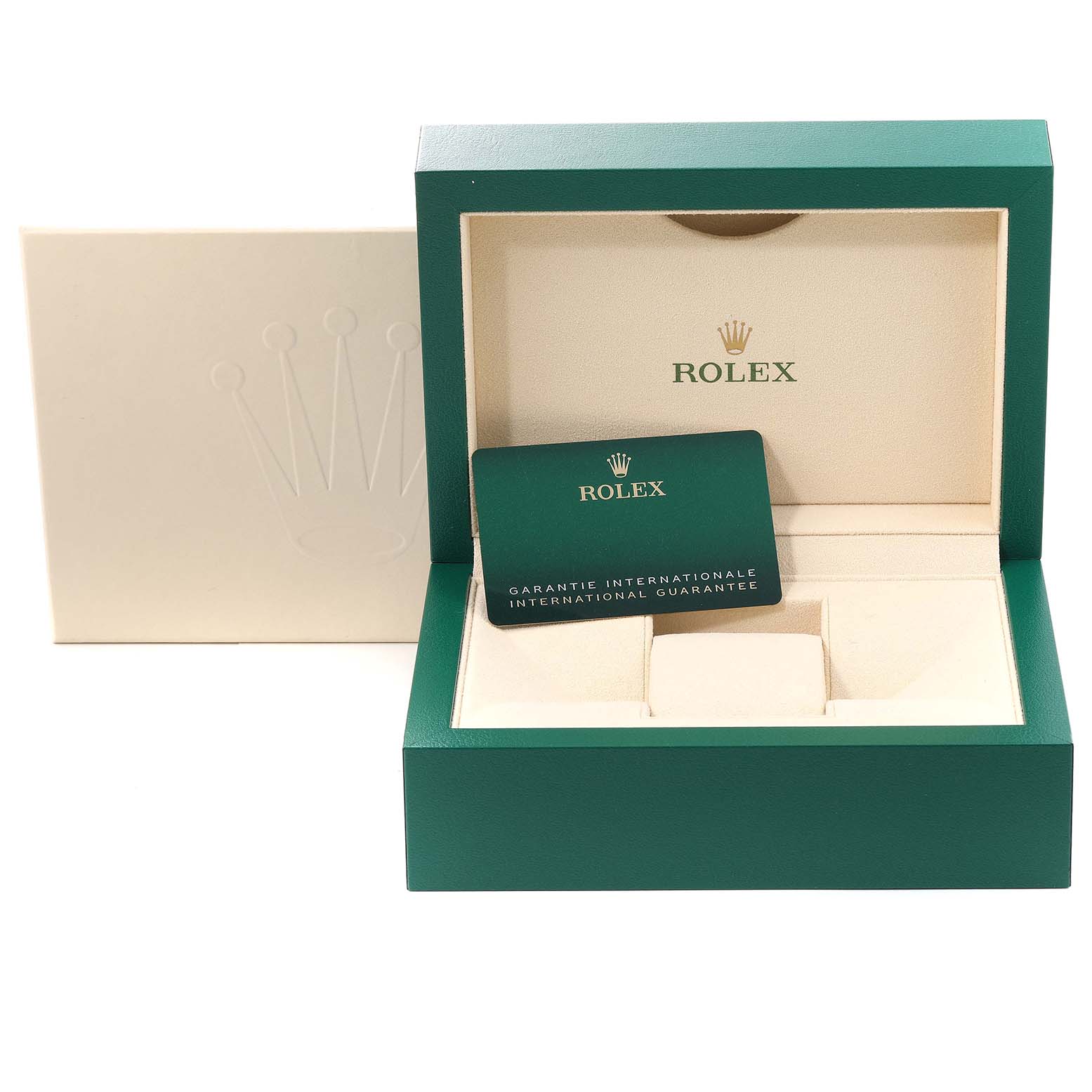 The image shows the open green and cream box for a Rolex Yacht-Master 226658 Men's Yellow Gold Black Dial 226658 Men's Yellow Gold Black Dial watch, including an international guarantee card.