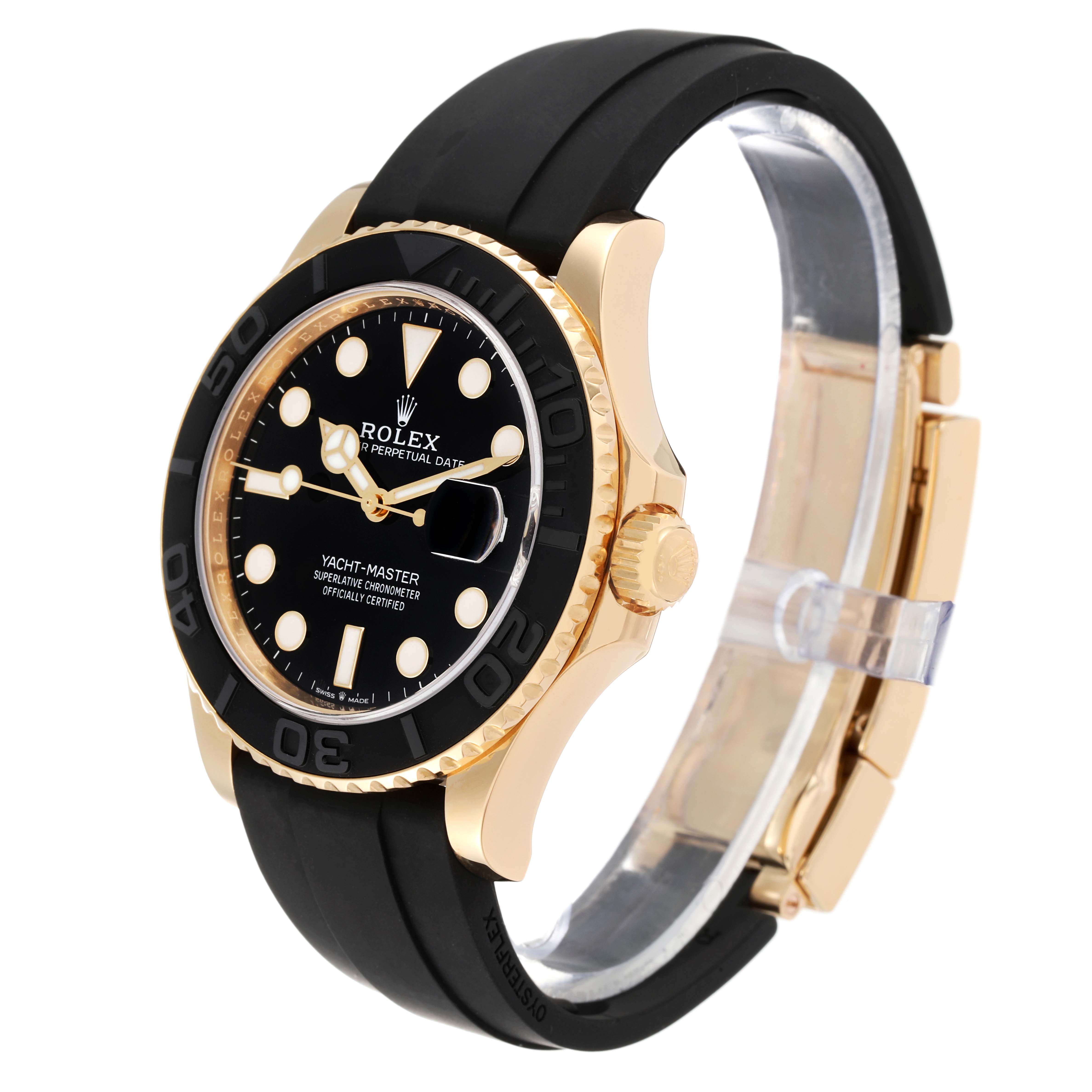 Side angle view of the Rolex Yacht-Master 226658 Men's Yellow Gold Black Dial 226658 Men's Yellow Gold Black Dial showcasing the gold case, black dial, bezel, and rubber strap.